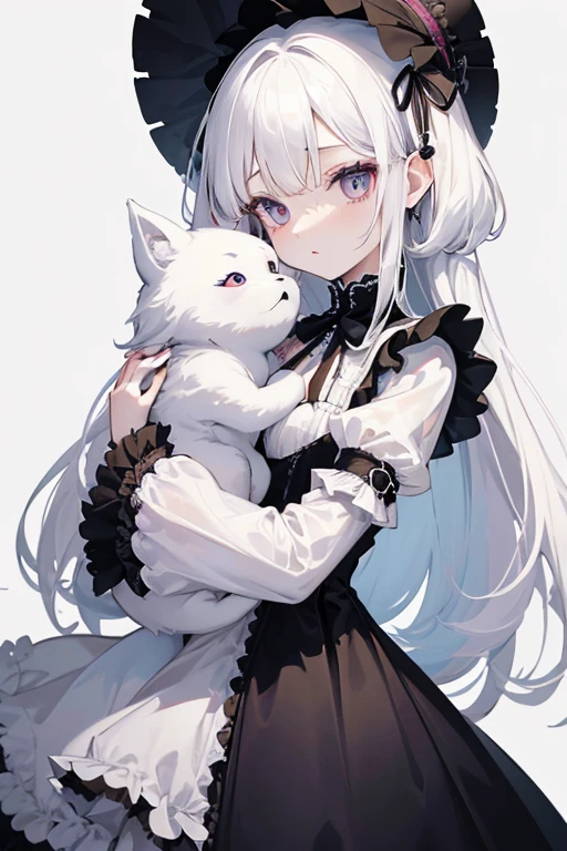 Albino 。Wearing a Gothic Lolita dress。He is holding a large husky in his arms.。Everything is pure white。The dress is also white。My hair is white too。Shoes too、Skin too、The dress is also white。Her face is kind and cute with slightly droopy eyes.。Really cute。Princess。More droopy eyes!