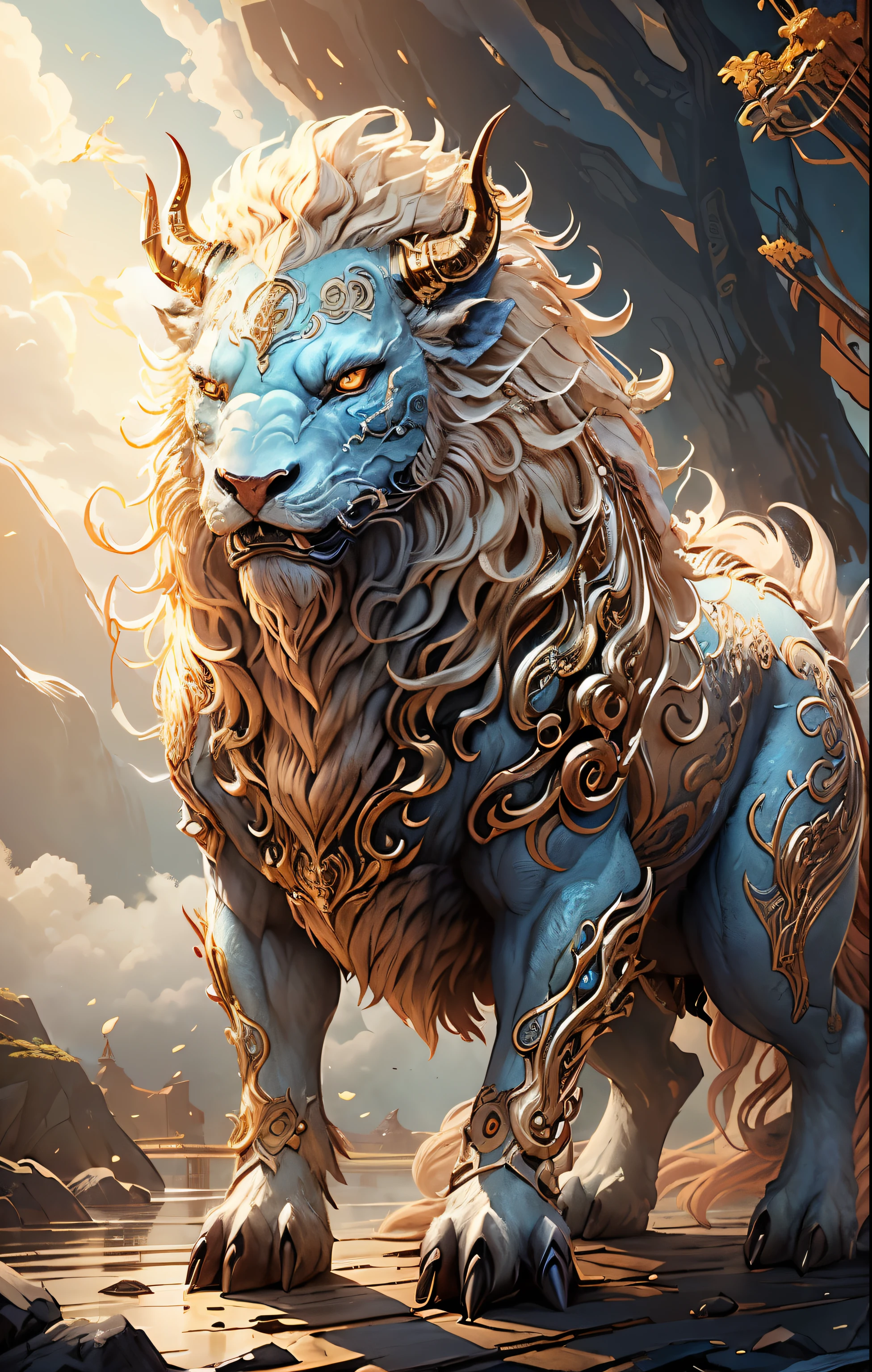 Betreten Sie die Welt der Mythologie mit dieser fesselnden Illustration der Qilin, a majestic creature from Chinese folklore. The composition shows the bison-like body of the Qilin, decorated with turquoise dragon scales, ((long golden mane and long golden tail plus the ends of the extremities are (golden hair)) and (riesiges (hirschgeweih)/elchgeweih mit vielen verzweigungen) ((walking majestic)) in beautiful mystical forest. Die lebendigen Farben und komplizierten Details erwecken dieses Fabelwesen zum Leben, evoke a sense of awe and wonder. Renowned fantasy artist J.R.R. Tolkien skillfully captures the magic and mysticism of the Qilin in this enchanting image (kirin)