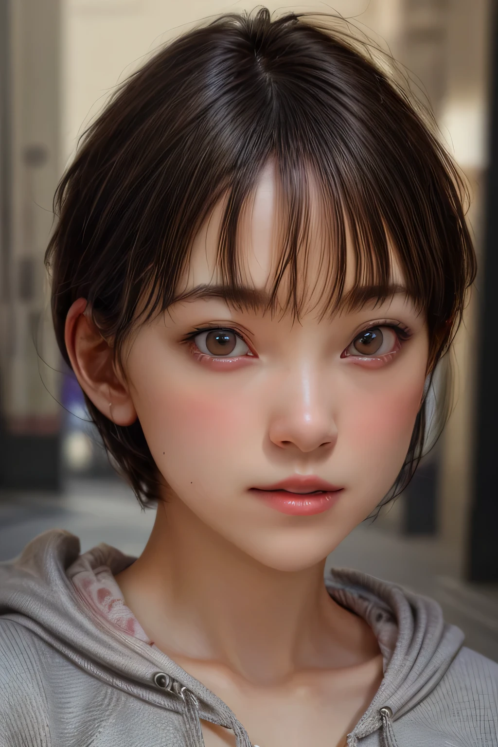 (NSFW:-1.5), 
(masterpiece:1.3), 
(8k, photorealistic, RAW photo, best quality: 1.4), 
cinematic lighting, 
(1girl), beautiful face, (realistic face), 
beautiful hairstyle, (short hair :1.5),
realistic eyes, beautiful detailed eyes, 
(realistic skin), beautiful skin, 
(hoodie without a hood), 
absurdres, attractive, 
ultra high res, ultra realistic, highly detailed, 
golden ratio, 
