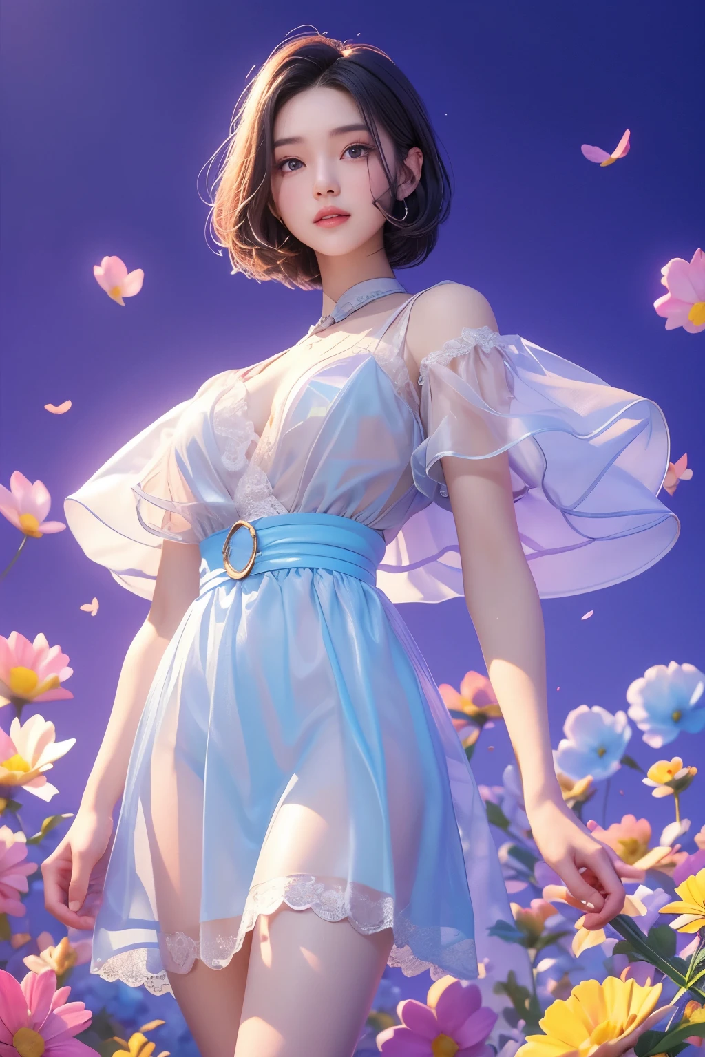 movie 사진 솔로,1 woman,,BJ_Alice,lace-trimmed_skirt,two tone_legwear, Neat short sleeve dress, flat chest,(colored hair:0.1),The beauty stands on the flowers,The facial details are perfect.,Wow, the character details are so nice.,trendy portrait,bright colors,clean background,Panorama,large aperture,pop mart production,delicate luster,8K gradient translucent glass melt,frosted glass,masterpiece, best quality,, hyperreal,realistic,16,000,high detail,high resolution . 35mm photo, movie, bokeh, professional, 4K, very detailed