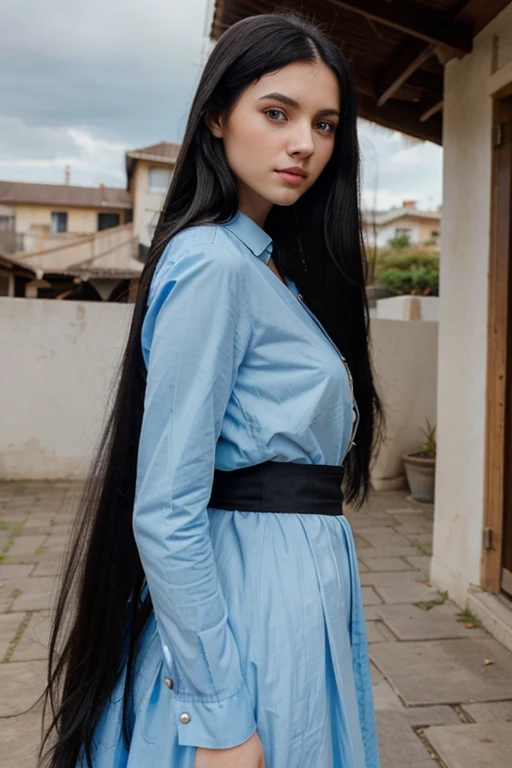 Realistic girl with long black hair and sky blue eyes wearing beautiful clothes 