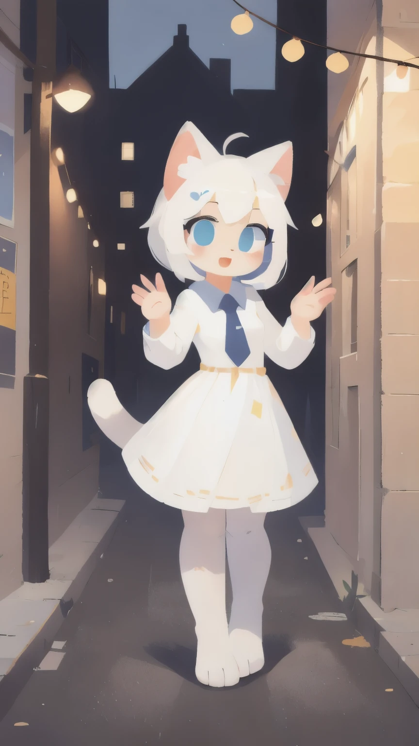 1 cat girl, police officer, student, full body, white dress, cute, white hair, (furry), best quality, masterpiece, highly detailed, illustration, street, salute, focus on face