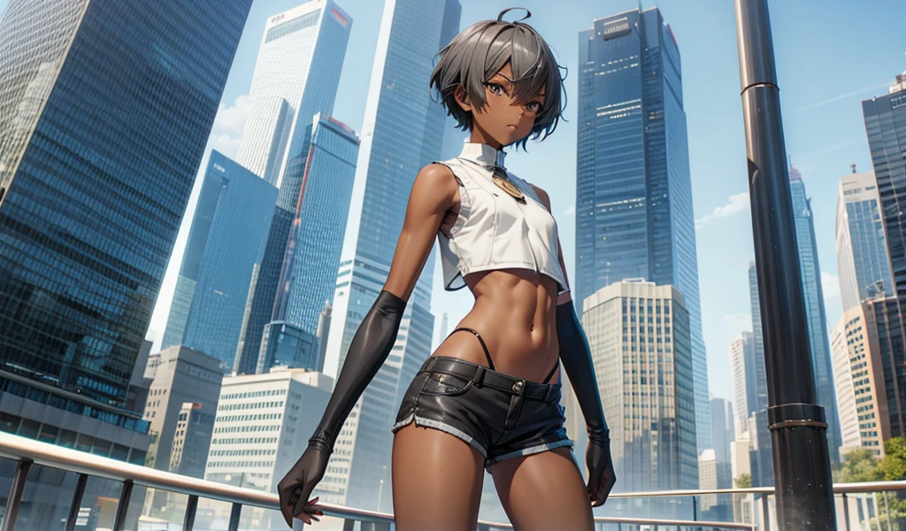Gray short hair dark skin neutral,flat chest,Very slim figure,Vest,Bare waist,shorts,Thin legs,City