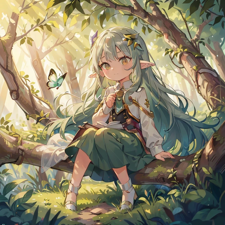 masterpiece,best quality, 1girl, solo, slight smile, kid, , , has long, silvery-green hair with deep golden eyes, elf, pointy ears, butterfly, babydoll dress, nature, beautiful scenery, in a tree, sitting on a tree branch