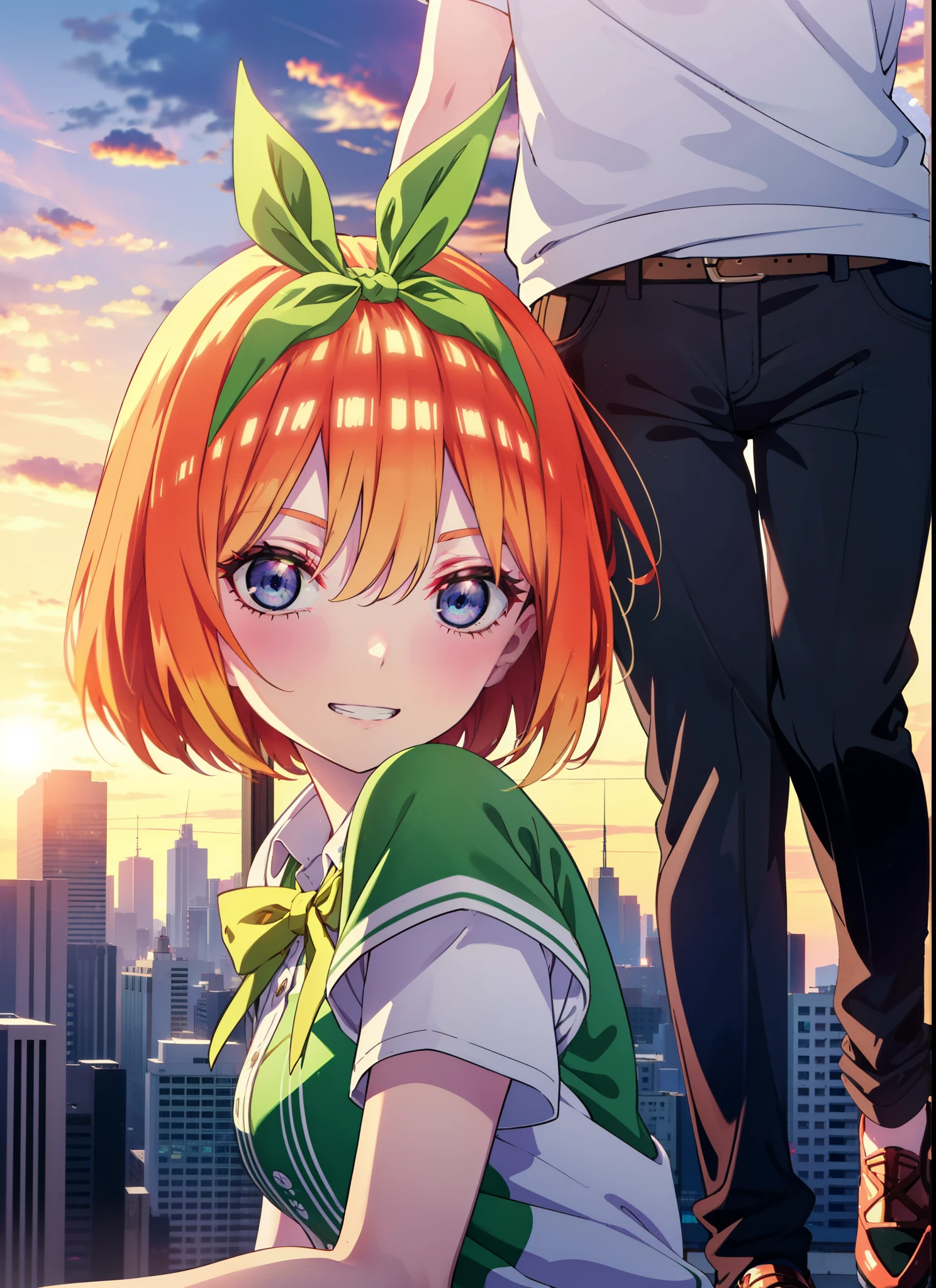 yotsubanakano, yotsuba nakano, bangs, short hair, blue eyes, Hair between the eyes, hair ribbon, hair band, Orange Hair, (Green ribbon:1.5), smile, Grin,Cold shoulder tops,Short sleeve,skinny pants,Stiletto heels,Walking Sunset,evening,The sun is setting,whole bodyがイラストに入るように,
break outdoors, In town,Building district,
break looking at viewer, whole body,
break (masterpiece:1.2), highest quality, High resolution, unity 8k wallpaper, (figure:0.8), (Beautiful fine details:1.6), Highly detailed face, Perfect lighting, Highly detailed CG, (Perfect hands, Perfect Anatomy),