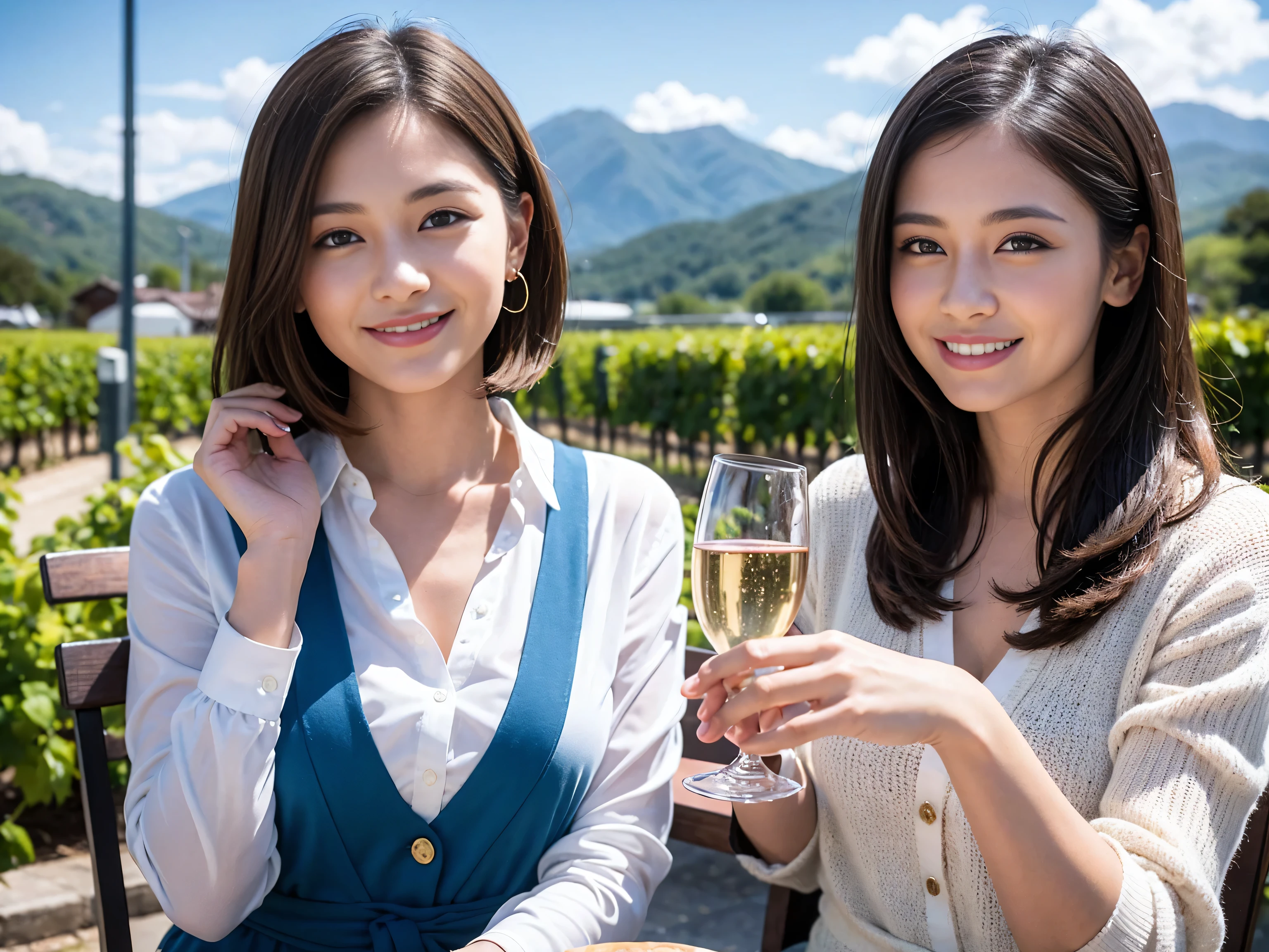 ((highest quality、8k、masterpiece:1.3))、1 male 1 female、Japanese couple、Lovers、beautiful couple、The body is slim、((Bob Hale、Straight hair:1.2)), (Realistic, Intricate details:1.2), Wine glass on the table、Put the light on your face、 Amazing view of the sunset sky and clouds、Amazing mountain views、A bright smile、The wonderfulness of smile、Bright image、The beauty of wine, Beautiful Face, blue eyes, The light shines on your face, Blushing, short hair,Bright Face、 (42 years old), 39 years old, red wine 、Appetizers、Italian food、Wine bottle、Champagne、sparkling wine、Two beauties、Brown Hair、Shortcuts、Long sleeve shirt、dress、Pretty Woman 1, (Slim face), (The body is slim), (Brown Hair), (Shortcuts), cheeks turn a little red,Attractive beauty、restaurant, In a prominent place (From the waist up) Nova Frog Style, actress, model, Upper Body, White wine, slim, wine glass, A wine glass placed in the center, smile, (smile: 1.15), Beautiful fine grain, Depth f/2,saturation, High Contrast, Strong light and shadow,Moist Body:1.5、3D texture、Delicate eyes、Brown Hair、The hair is very shiny、