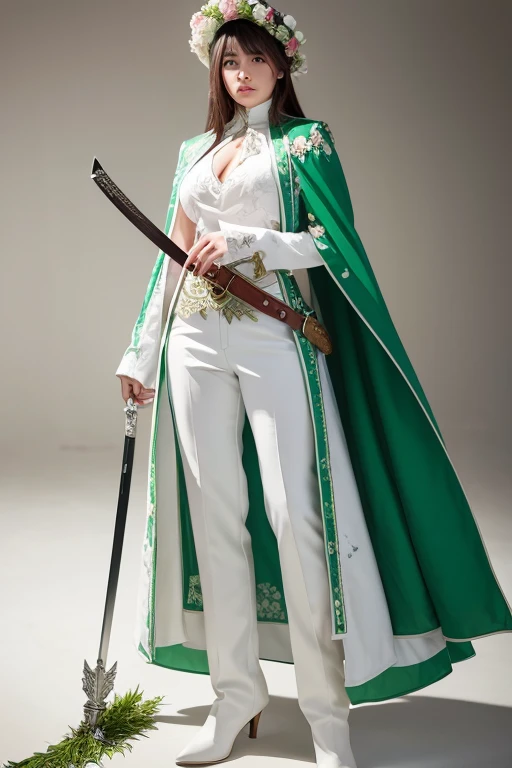 Female knight full body,Holding a sword in his right hand,She is wearing a white floral hat, but one eye is hidden.,He is wearing a floral green suit, white trousers and a green vest, with his stomach exposed.,She is wearing a floral cloak and white boots.