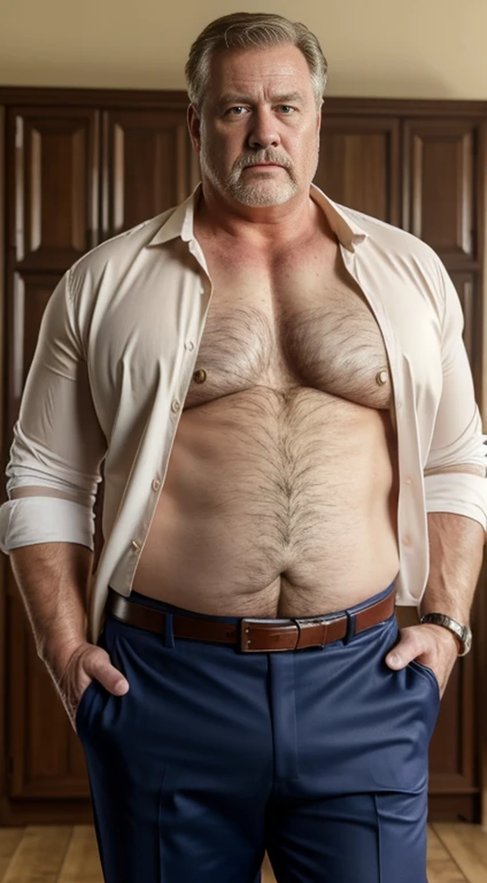 (best quality,4k,8k,highres,masterpiece:1.2), age 60, white man detective , horny disgusting, muscular chubby, kind, open shirt, mature daddy, Dress Pants with big hard bulge, hairy chest hard nipple, belt, loafer,