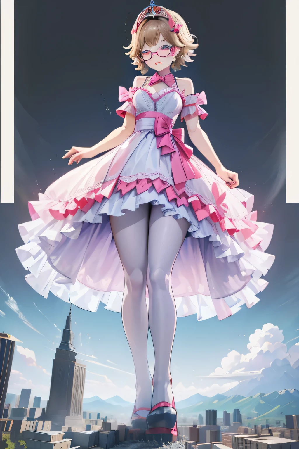 giantess art, highly detailed giantess shots, giantess, Two legs, Five fingers, short hair, super giant princess, A beautiful girl who is bigger than any skyscraper, Wearing rimless glasses, Big Breasts, White gorgeous dress, White Pantyhose, white pantyhose, White stiletto sandals, toes visible through pantyhose, Destroying cities, A very small big city, Miniature metropolis, Full body description, GTS, giga giantess, stomping city, crash city, tiny city, micro city, pantyhose feet, High resolution, highest quality, masterpiece, princess dress, 