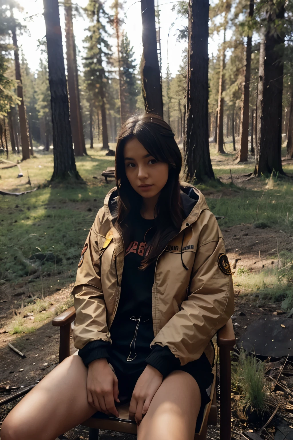 Girl sitting in the chair in the forest while looking the fire and sun and have jacket with hoodie and in the back of jacket name " LA "