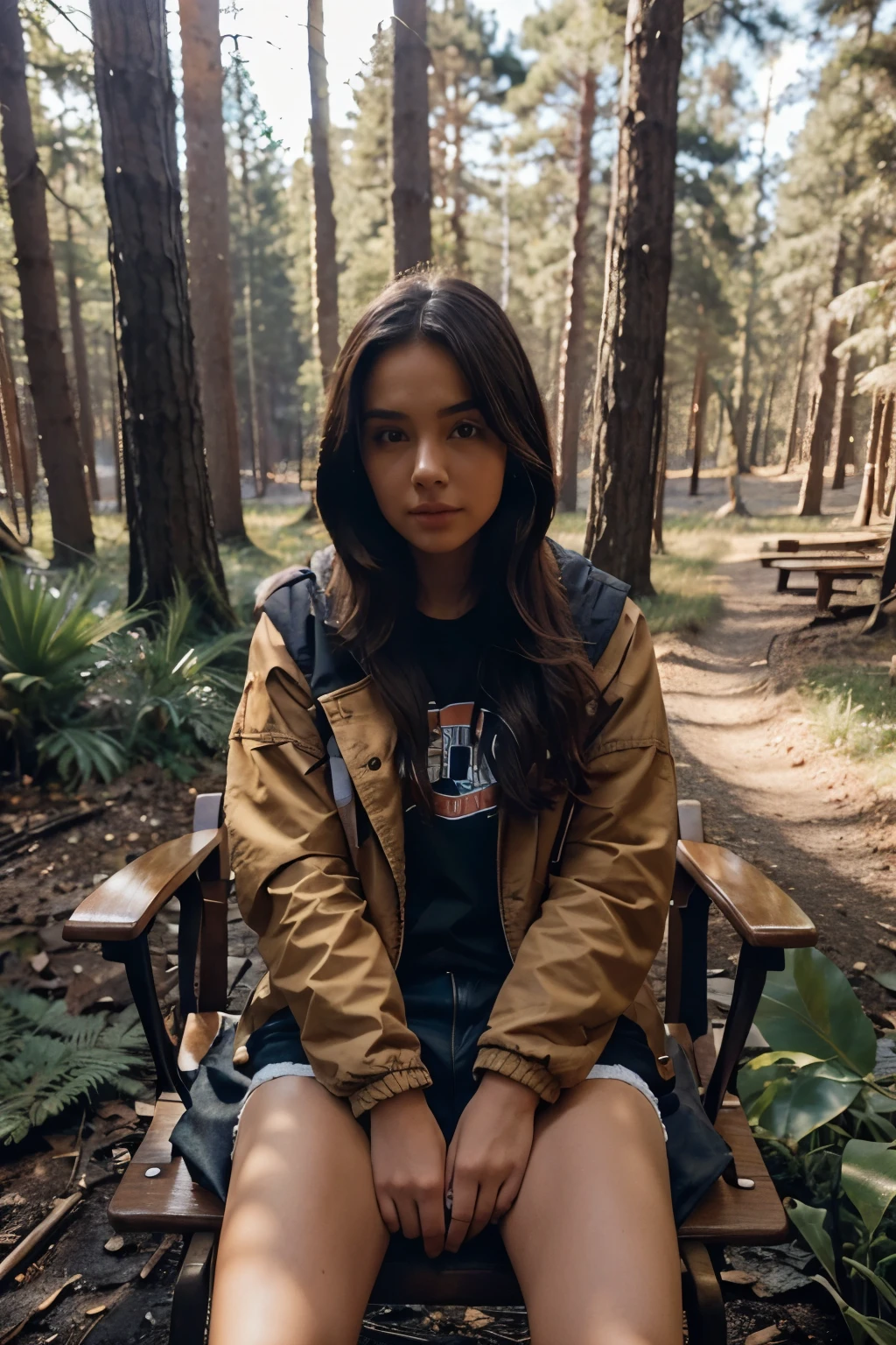 Girl sitting in the chair in the forest while looking the fire and sun and have jacket with hoodie and in the back of jacket name " LA "