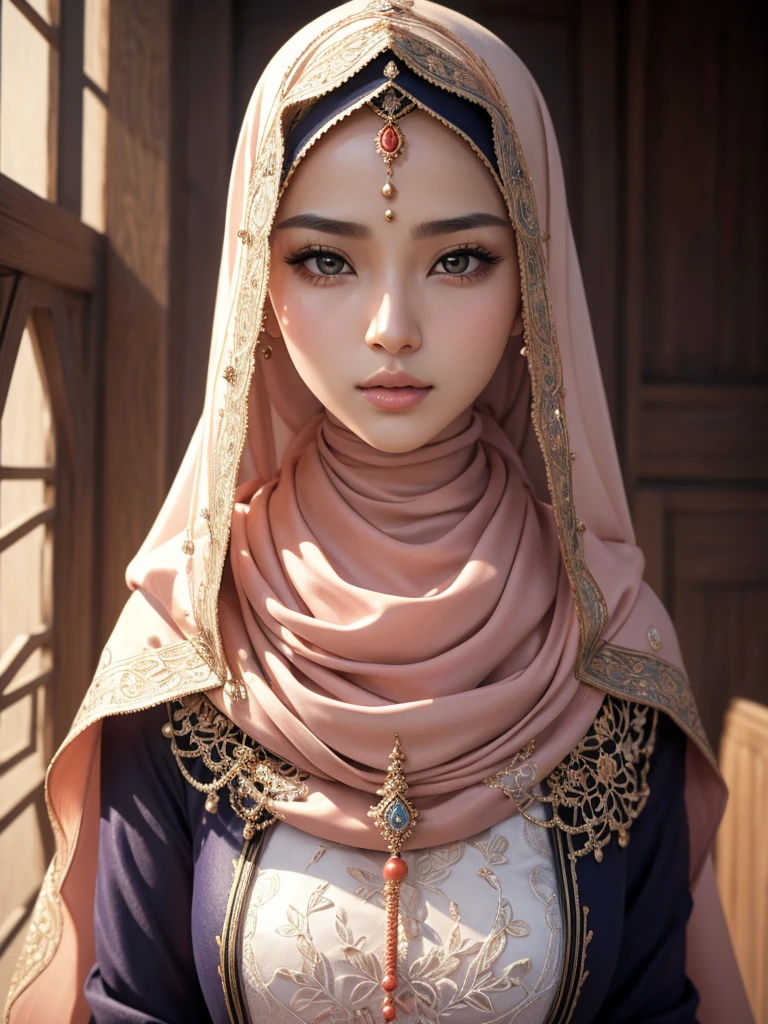 .masterpiece:1.2, highest quality), realistic, (real image, intricate details, Depth of bounds written), (1 girl, alone), compensate, parted lips, very detailed, perfect face, (skin dents), Shiny coral lips, (Girl in a full hijab, Islamic clothing), blush, thunderbolt baal (General Raiden) From Genshin Impact,very detailed手,