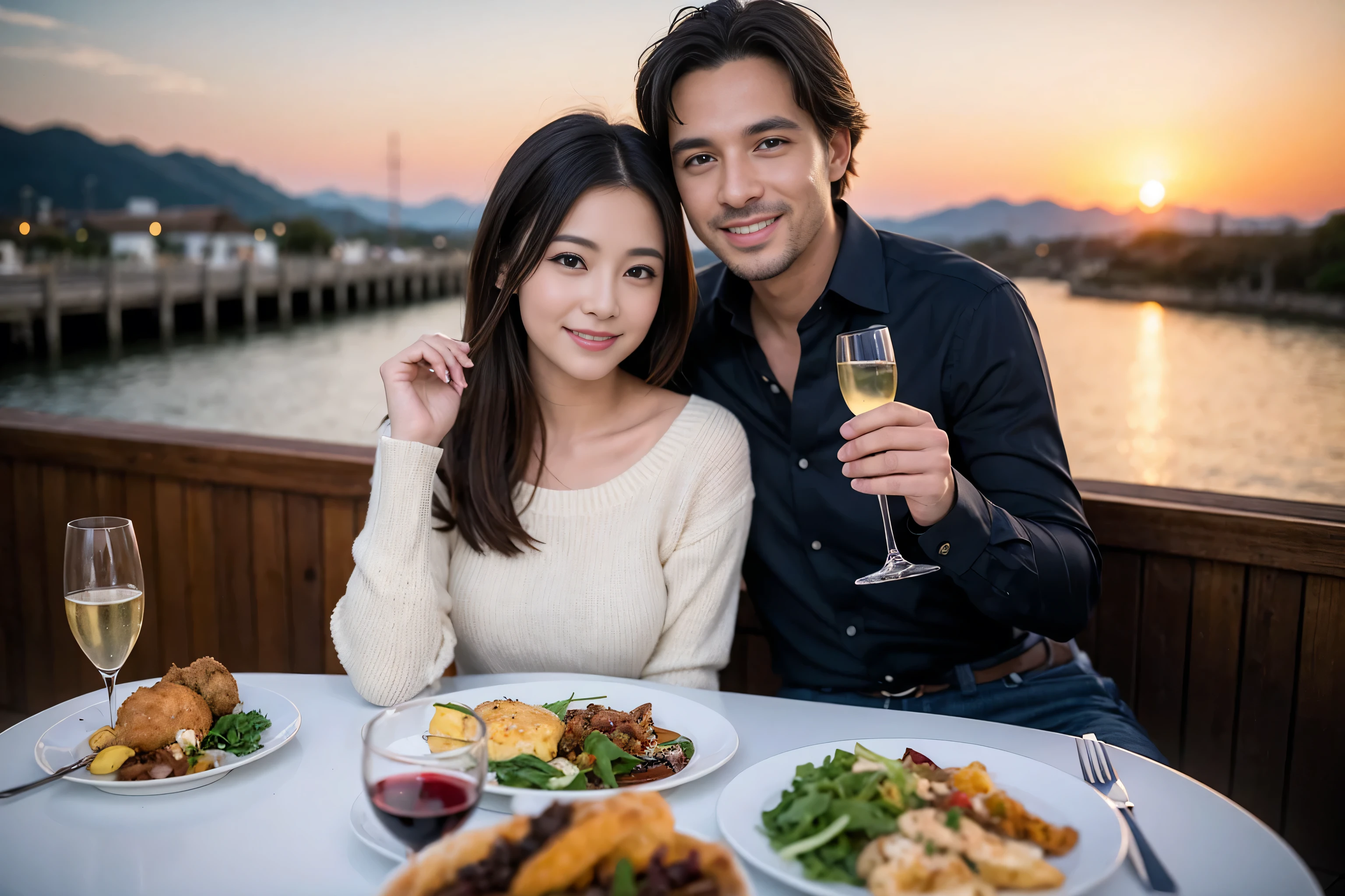 ((highest quality、8k、masterpiece:1.3))、1 male 1 female、Lovers、beautiful couple、Japanese couple、Happy Smile、 (Slim face), (The body is スリム), (Brown Hair), (Shortcuts), ((Bob Hale、Straight hair:1.2)), Wine glass on the table、Please put light on my face、 Amazing view of the sunset sky and clouds、Amazing mountain views、The wonderfulness of smiles、Bright image、Blushing, Shortcuts,Bright Face、 (36 years old), 39 years old, red wine 、Appetizers、Italian food、Wine bottle、Champagne、sparkling wine、Long sleeve shirt、dress、Attractive beauty、restaurant, Nova Frog Style, actress, model, Upper Body, White wine, red wine, wine glass, 