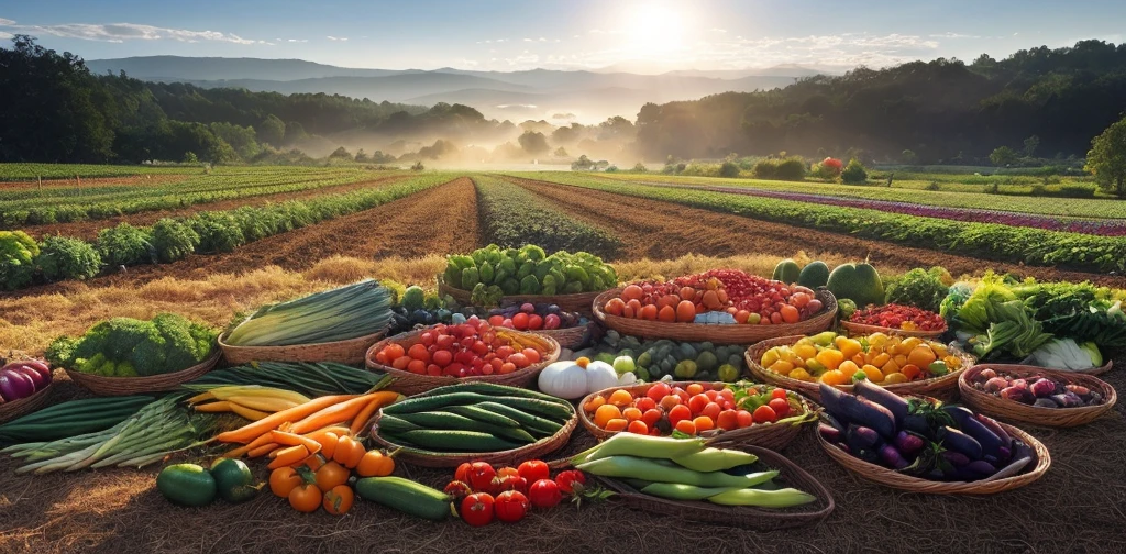 photoRealstic、4K、8K、Top image quality、Baskets on the ground contain different types of vegetables, Idyllic and fruitful land, permaculture, local cuisine, Verdure, veggies, Farmland, rows of lush crops, ❤🔥🍄🌪, abundant fruiting seeds, radiant morning light, vibrant setting, by Franz Hegi, high quality picture, summer morning light, harvest, Sunny morning light