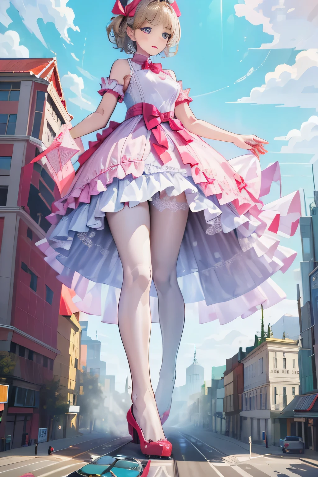 giantess art, highly detailed giantess shots, giantess, Two legs, Five fingers, short hair, super giant princess, A beautiful girl who is bigger than any skyscraper, Wearing rimless glasses, smile, Big Breasts, White gorgeous dress, White Pantyhose, white pantyhose, White stiletto sandals, toes visible through pantyhose, Destroying cities, A very small big city, Miniature metropolis, Full body description, GTS, giga giantess, stomping city, crash city, tiny city, micro city, pantyhose feet, High resolution, highest quality, masterpiece, princess dress,