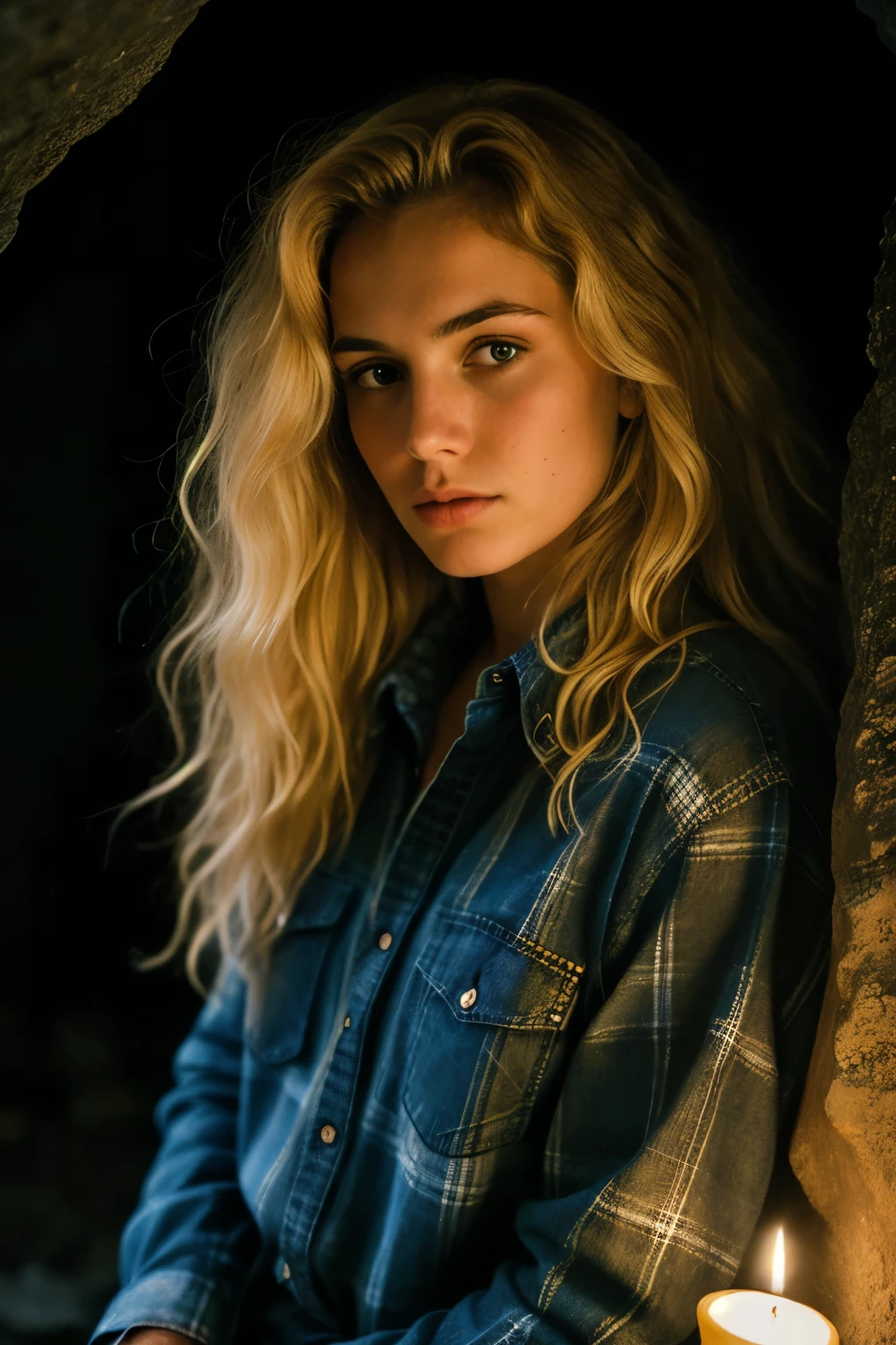 photograph of a woman, (troubled facial expression), textured skin, goosebumps, blonde afro hair, plaid flannel shirt with distressed boyfriend jeans, cowboy shot, dark and mysterious cave with unique rock formations and hidden wonders, perfect eyes, (candlelight,chiaroscuro), Porta 160 color, shot on ARRI ALEXA 65, bokeh, sharp focus on subject, shot by Don McCullin
