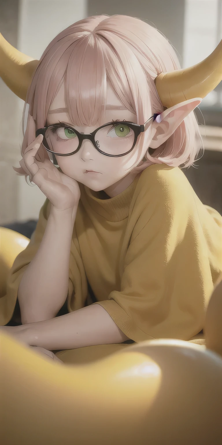 best quality, masterpiece,big yellow horns curled around and pointed tail, green eyes,pink clothes, elf ears, looking up, wear glasses, upper body,hair strand,Fair skin,short hair