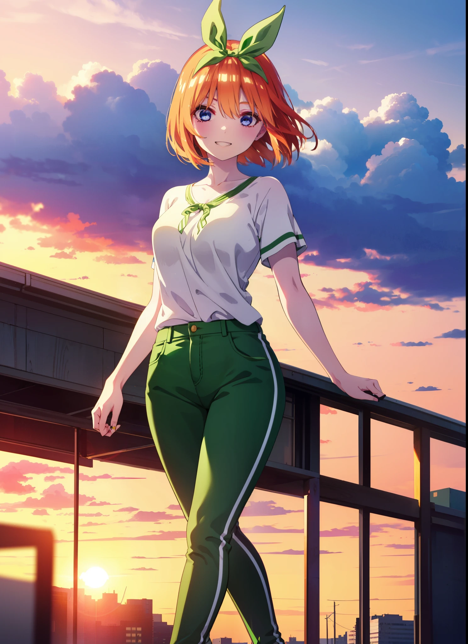 yotsubanakano, yotsuba nakano, bangs, short hair, blue eyes, Hair between the eyes, hair ribbon, hair band, Orange Hair, (Green ribbon:1.5), smile, Grin,Cold shoulder tops,Short sleeve,skinny pants,Stiletto heels,Walking Sunset,evening,The sun is setting,whole bodyがイラストに入るように,
break outdoors, In town,Building district,
break looking at viewer, whole body,
break (masterpiece:1.2), highest quality, High resolution, unity 8k wallpaper, (figure:0.8), (Beautiful fine details:1.6), Highly detailed face, Perfect lighting, Highly detailed CG, (Perfect hands, Perfect Anatomy),