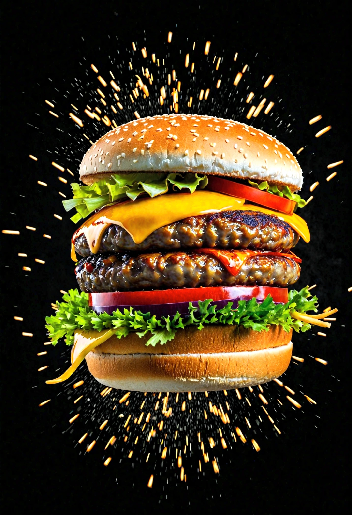 explosion of a hamburger, black background