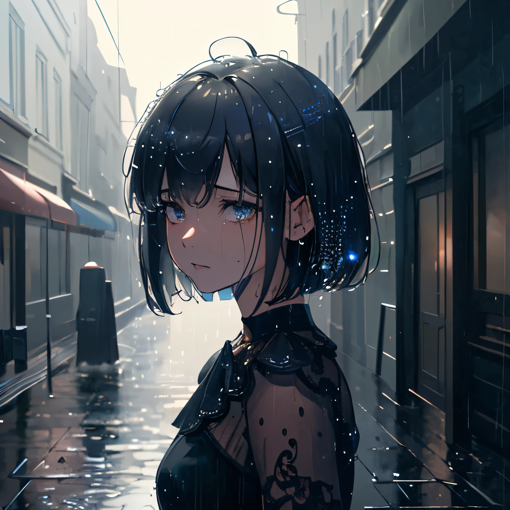 Masterpiece, Top-Quality, (Exquisitely Detailed 8k CG Illustration) (Top-Quality), (The Most Introspective Depictions), (Best Shading)、Deeply Introspective, Bob Haircut, Heavy Rain, (Droplets cascading down hair), 154cm, Girl, Street, Dark Alley, Tears, One Person, Bowed Head, Drizzle, Moody Rainy Street Scene.