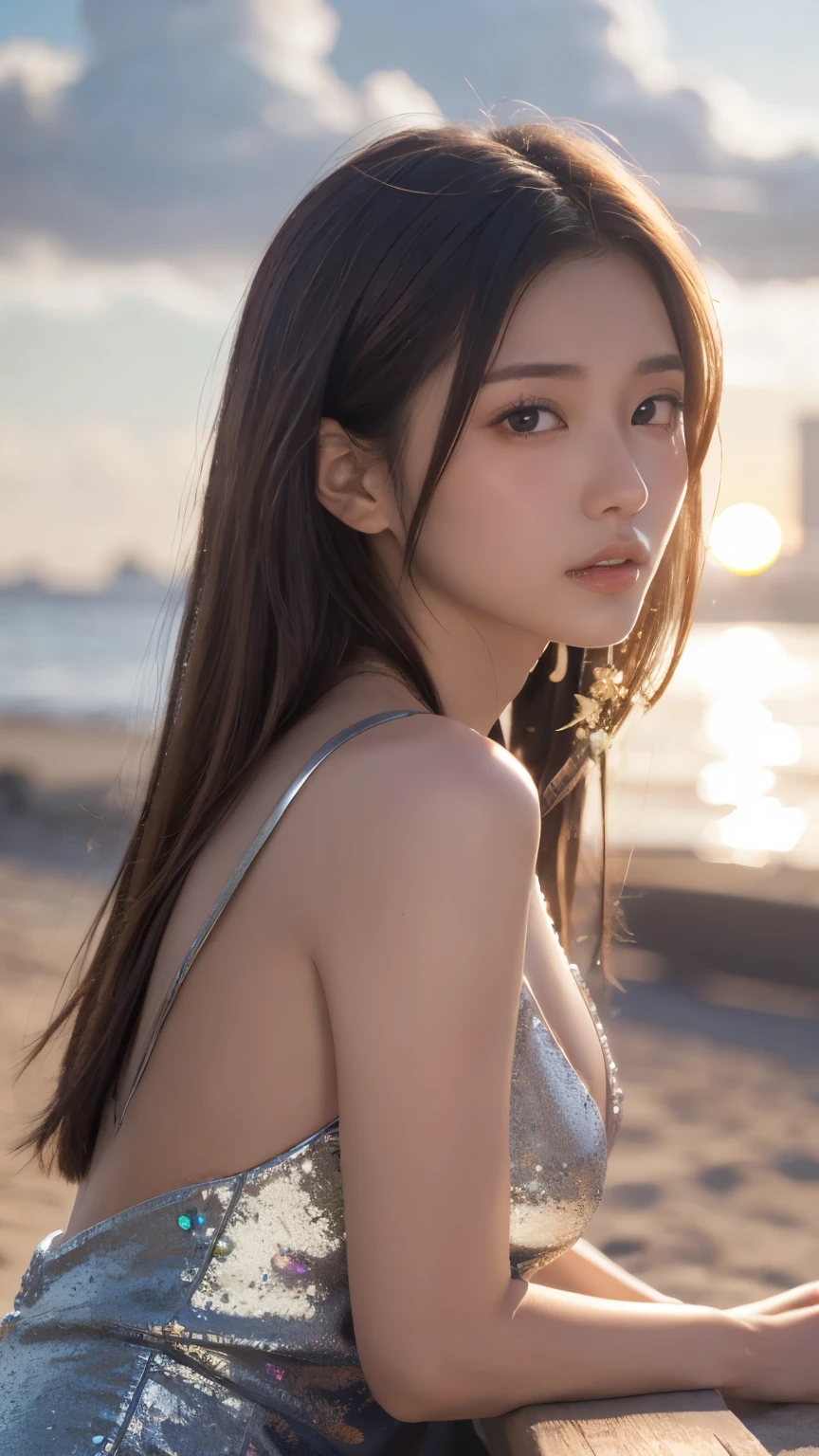 Masterpiece, 4K, bokeh, Photorealistic, high school girl sitting on the beach, (Japanese idle:1.6), Lightbrown long hair, Light brown eyes, Plump breast, Looking at the viewer, Blushed face, Close up, (Pink Silver metallic dress), (Gemstones decoration:1.2, Colorful Gemstones:1.2), (Dress embellished, Sequins), sunset seashore, Beautiful sky and clouds, cowboy shot,