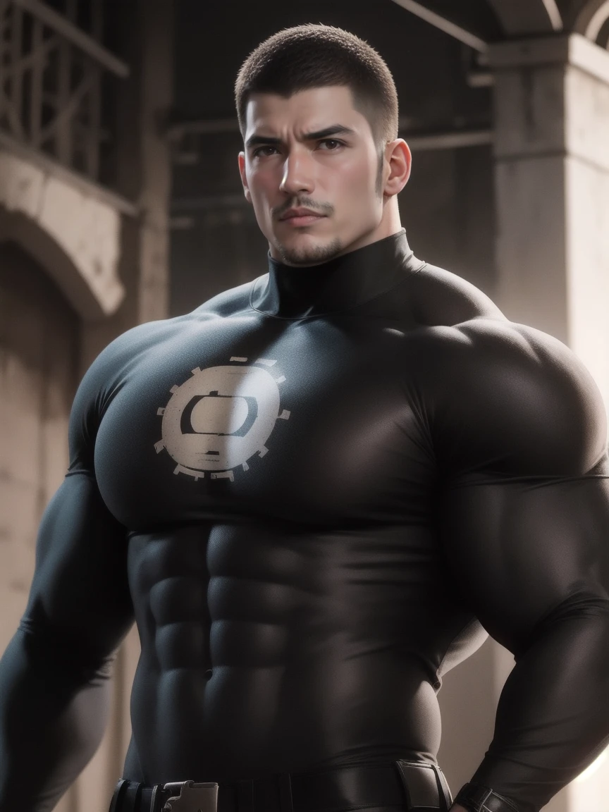 Super muscular man with open mouth moaning,  Buzz Cut，On the old-style outdoor street under the hot sun, Wear a long-sleeved, deep turtleneck bodysuit, Thickened warm elastic texture，Clothes are very dirty with mud stains，The expression is arrogant, Thick thighs, Messy hair, Thick thighs, High-necked long-sleeved dark yellow high-necked tights, very tight, Regular symmetrical pattern, Highlight muscles, Police uniform pants, character concept（Resident Evil - Chris Redfield, Chris Redfield）A proud expression, Deep and charming eyes, Heroic male pose, tall Burly, muscular！muscular thighs, tough guy, perfect facial features, High, Burly, Heqiang, Super polished and cool, High Resolution Committee, Charismatic, The sun is blazing, dazzling