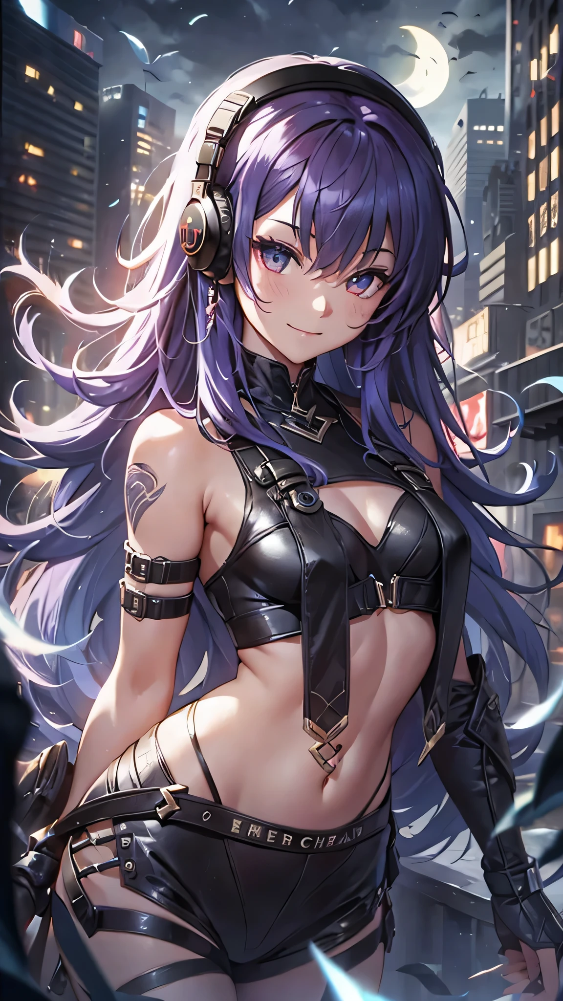 Highest quality、Highest quality、Masterpiece、girl((half、18-year-old、as soon as、Highest Bust、Medium Bust、Wide open chest、Red glowing eyes、Black Ear、Red Mesh、Disheveled Hair、Loincloth、thin、The best valley、Open chest、hair ornaments、Full body view、pants、Sports Bra、Random Pause、smile、headphone))、high quality、Beautiful Art、background((Collapsing Ground、no gravity、Floating Object、City of night、shooting star))、flight、Flying Debris、Depth of text、movie、Visual Arts、Perfect Art、8K、Genuine、Special Angles