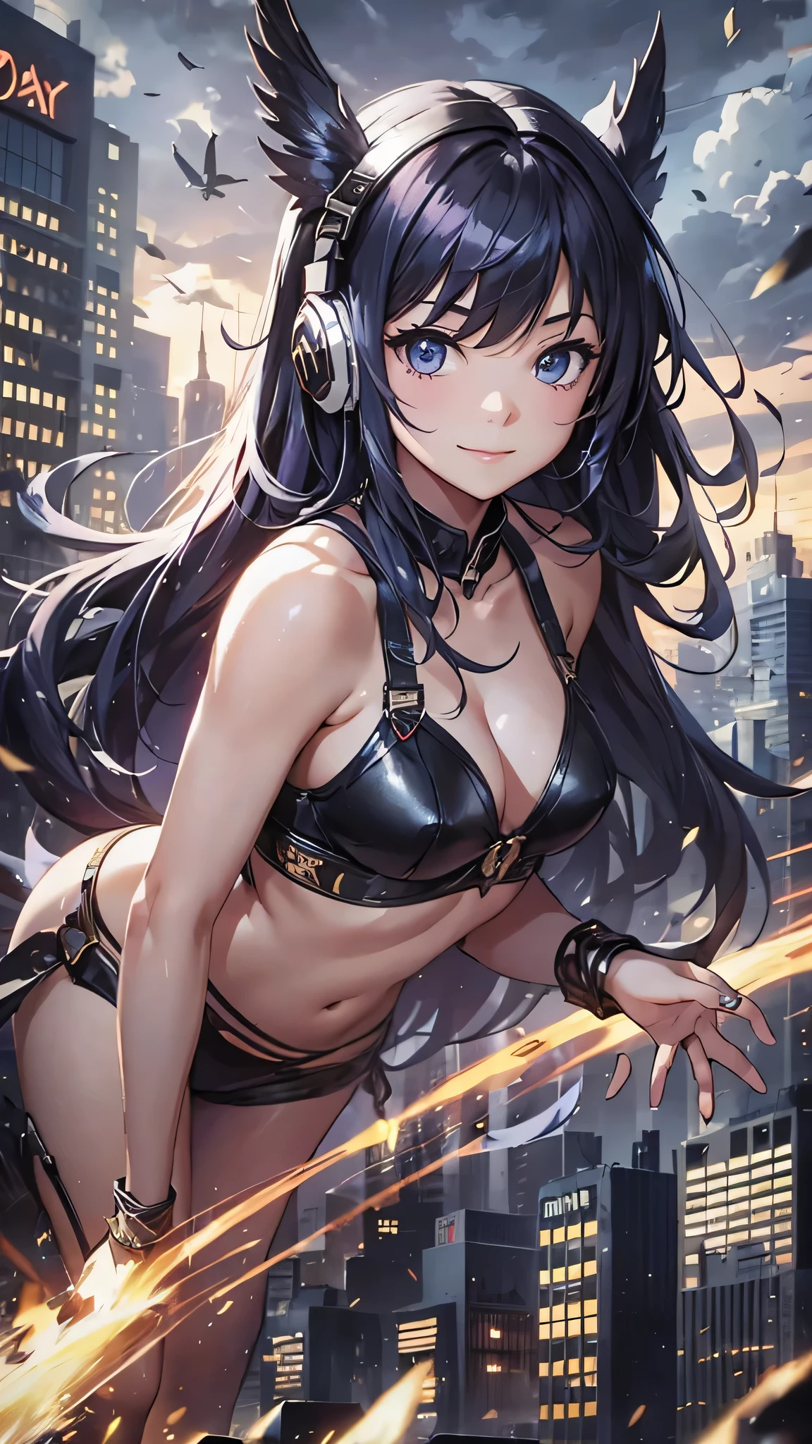 Highest quality、Highest quality、Masterpiece、girl((half、18-year-old、as soon as、Highest Bust、Medium Bust、Wide open chest、Red glowing eyes、Black Ear、Red Mesh、Disheveled Hair、Loincloth、thin、The best valley、Open chest、hair ornaments、Full body view、pants、Sports Bra、Random Pause、smile、headphone))、high quality、Beautiful Art、background((Collapsing Ground、no gravity、Floating Object、City of night))、flight、Flying Debris、Depth of text、movie、Visual Arts、Perfect Art、8K、Genuine、Special Angles