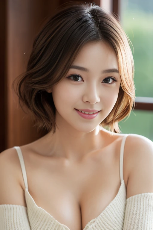 (masterpiece:1.3), (8k, Photorealistic, Raw photo, Best image quality: 1.4), Japanese 、(Random Hairstyles:1.2)、Cleavage:1.2、Super detailed face、Attention to detail、double eyelid、Put your chest together、Sharp focus:1.2、Beautiful woman:1.4、Light brown hair、highest quality、masterpiece、超A high resolution、(Photorealistic:1.4)、Highly detailed and professionally lit smile、Loose, lightweight knitwear、Shoulders out、thin、Serious expression、Short-haired、Deadly position