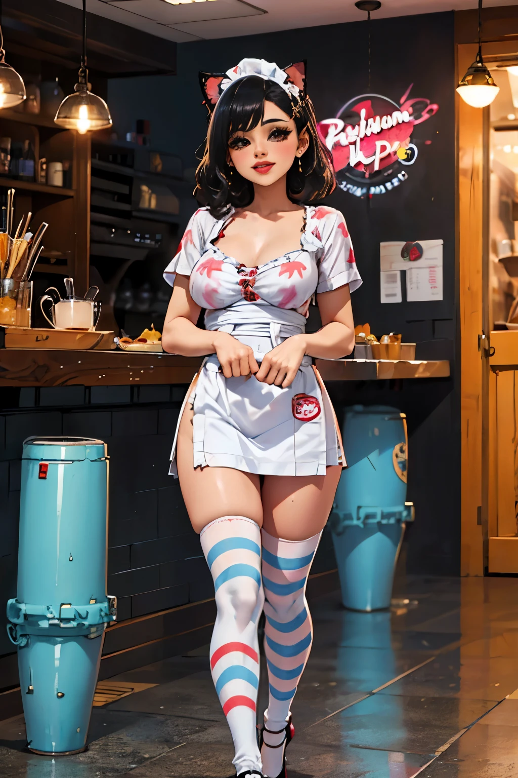 (((Fifties-style striped print waitress costume))),(((Caminando))),(((muslo interno desnudo))),(((mostrar escote))),(((high heels with socks in pastel colors))),ulzzang-6500-v1.1, (foto cruda:1.2), (foto realista:1.4), una hermosa chica detallada, ojos y rostro extremadamente detallados, Hermosos ojos detallados, ultra detallado, high resolution, de primera calidad, masterpiece, muy detallado, fondo de pantalla 8k, maravilloso, finamente detalle, de primera calidad, (retro pop diner), ojos bonitos, sonrisa, abriendo la boca, ((junkotvv, pelo negro, orejas de gato, ojos rojos))