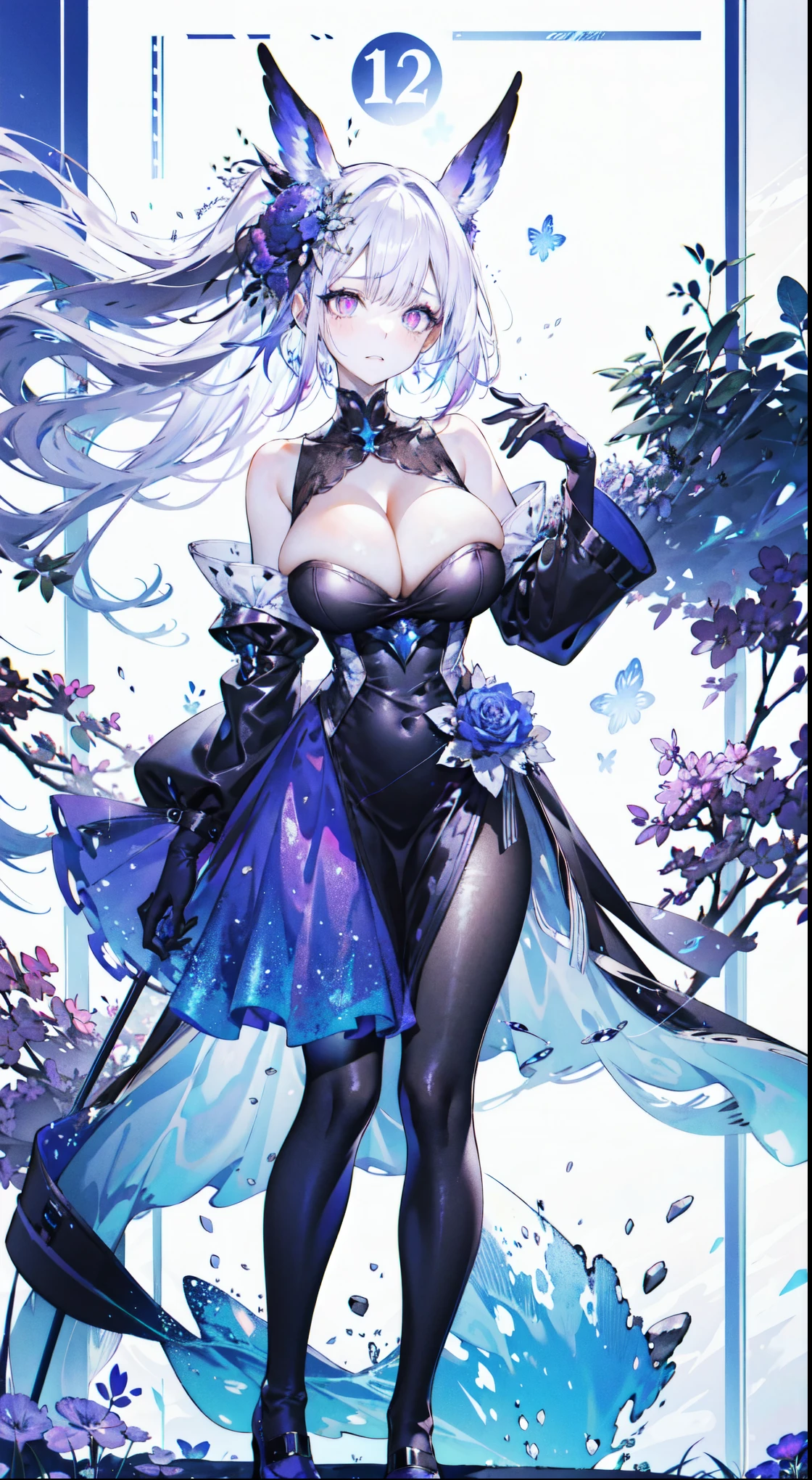((masterpiece:1.4,best quality)),(Super detailed),(Extremely detailed eyes),(black leggings,Shiny socks:1.5),Hello Darkness
(Cute girls),,(Blood-red pupils,Diamond-shaped pupil:1.15),Purple Eyeshadow,(elongated hair,Thick hair,Single ponytail,shiny hair:1.5)(Changes through:1.2),White skin,despair,sad,Empty eyes,tears streaming down my face,tilting its head to the side,kneel
(She wears blue armor,A blue dress,:1.5),(Black gloves:1.4)Very long plush sleeves,White,White Cloud,Dream bubbles ,Ice and glitter effects
(Black long skirt:1.1),
(dawn:1.2),
(Intense black and white:1.16),(Depth of Field:1.4),,Intricate details,(Castle in the Sky,Standing by the lake,Purple flowers by the lake),(((Huge breasts,Bare breasts,Deep cleavage)))