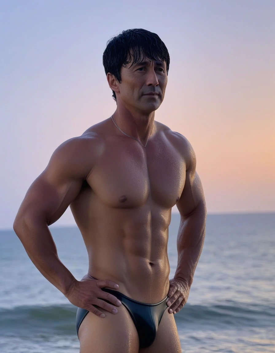 1man, japanese dilf, vice principal, 50yo, black hair, short hair, center parted bangs, handsome, smart ellipse face, middle-muscular, beautiful detailed eyes, dandy, gentle, ikemen, , stocky waist, super detailed skin, BREAK peeping photo, big bulge, black tiny speedo swimsuit, topless, bangs flip upward, fullbody, solo focus, drenched skin, wet hair, dusk, seaside, from side, 8k, sharp vision, extreme all detailed