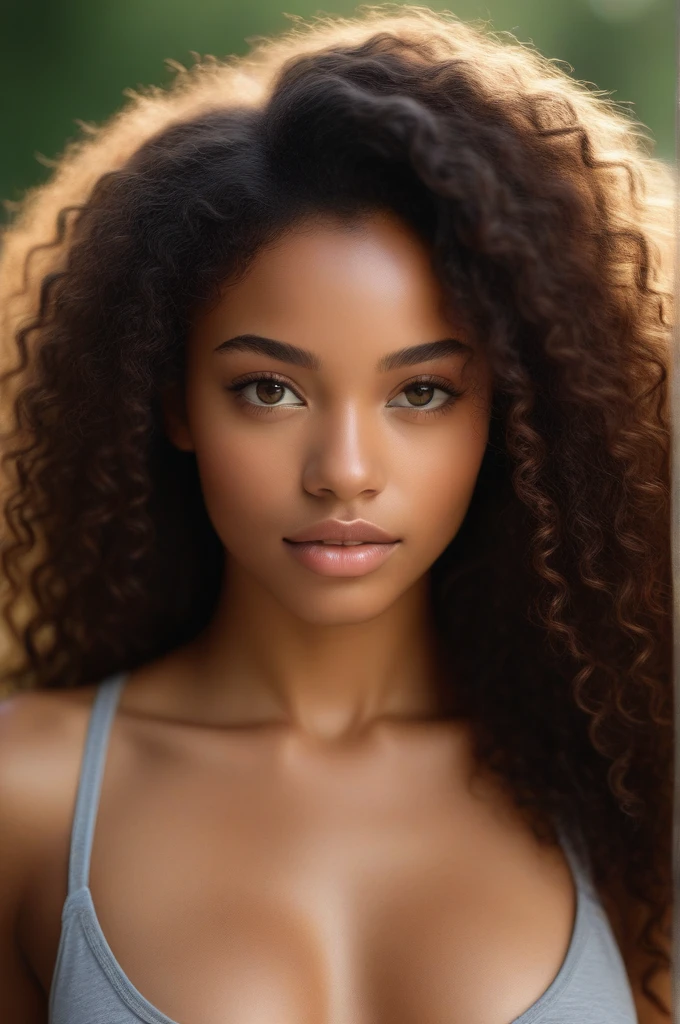 (close:1.3) photo of beautiful black girl, with curly long hair, small breasts, detailed skin, photo of torso and head, soft light, cozy, (closeup:1.1) rule of thirds,