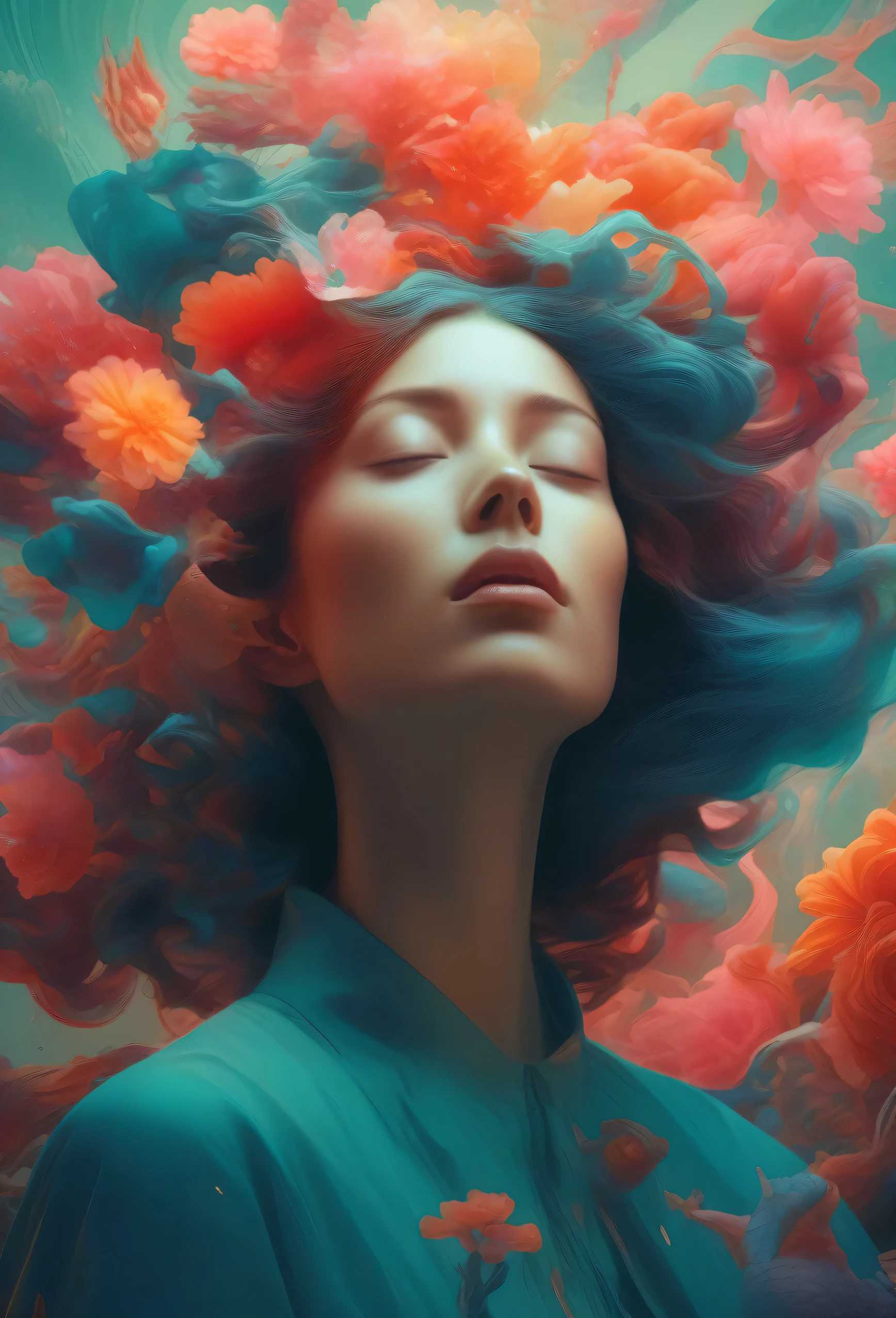 Surreal pictures, visually striking photo art, strange, slightly unsettling, hyper-detailed, 8k, a digital painting of a woman with her eyes closed, beeple and james jean, beautiful digital artwork, stunning digital illustration, by Alberto Seveso, anna dittman, glossy digital painting, gorgeous digital art, exquisite digital illustration, inspired by Alberto Seveso, beautiful surreal portrait, realism | beeple, inspiring digital art, breathtaking digital art