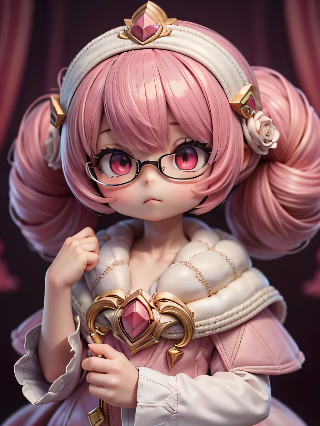 (limited palette), Best quality, (((Masterpiece))), (((Beautiful detailed hair))), (((beautiful detailed skin))), Solo, , Younger, , (((pink hair))), pink eyes, (mascara), Blunt bangs, ((Hair over eyes)), short hair, Medium breasts, Frilled white dress, White frills, Too much decoration, Rose, Noble, setia, The bride hair, (((Eye focus))), (((Expressionless))), The background is blurred out, Empty eyes, Blank eyes, (Red theme), bedroom background, view the viewer, (((hair tucking))), (((Night))), Semi-closed Eye, baby wearing glassess, Close-up, (((hair adornments))), Upright body, Neatly cut bangs, Braided hair at the back of your head, Sleeveless dress,