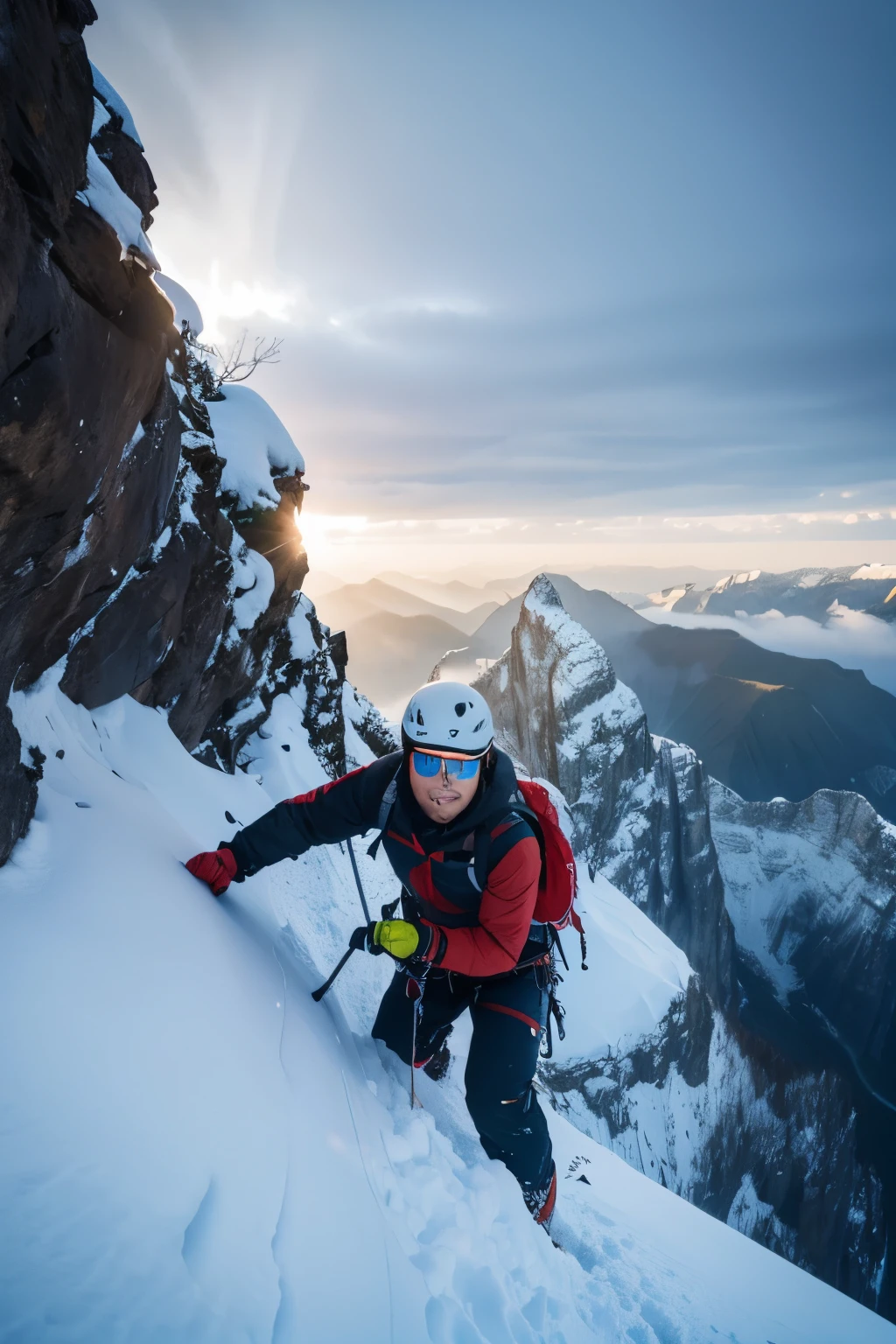 a man climbing a steep mountain cliff, dramatic closeup of face, eyes focused, reaching out to place pitons, epic landscape, dramatic lighting, cinematic, photorealistic, 8k, highly detailed, masterpiece、Snow Mountain、Blizzard、Snow is blowing、The whole thing is Snow Mountain、