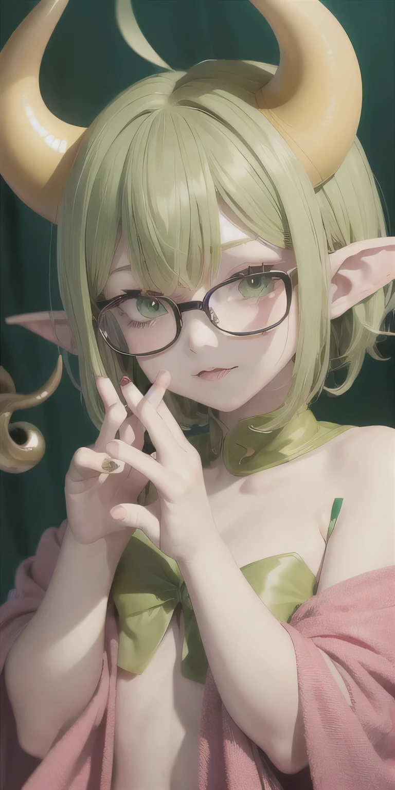 best quality, masterpiece,big yellow horns curled around and pointed tail, green eyes,pink clothes, elf ears, looking up, wear glasses, upper body,hair strand,Fair skin,short hair