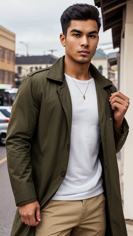 29 years old men, Ethnicity: Indo-chinese, Skin Color: Olive brown, slightly tanned from spending a lot of time outdoors, Body Type: Tall and athletic, with muscles defined from police training, Hair: Black, short, and neatly styled, Eyes: Dark brown, sharp and full of determination, Facial Structure: Square face with a strong jawline, straight nose, and thick eyebrows, Clothing Style: Often wears casual yet tidy clothes such as long-sleeved shirts and khaki pants, along with a coat when working outside