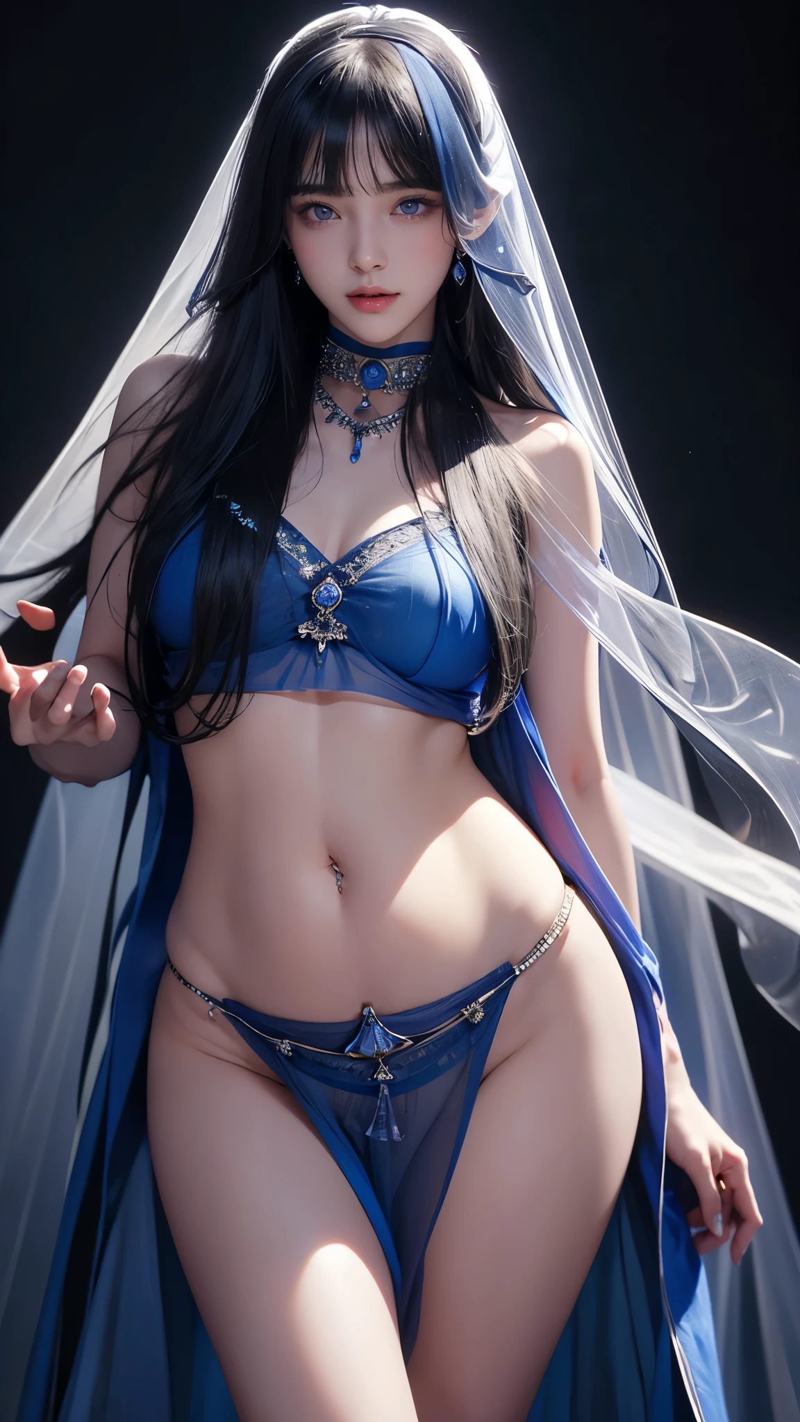 masterpiece, highest quality, Super detailed, Facing the camera, 複雑に詳細なSuper detailed, Realistic, Sharp features, Very detailed, Sharp focus, Perfect Face, Perfect symmetrical perfect eyes, Perfect Plump Lips, Flexible female form, Cinematic, Film Light, Super detailed, hyper Realistic, masterpiece, Atmospheric, High resolution, Vibrant, Dynamic Studio Lighting, ((Dark Background)), The expression when enduring pleasure, Straight bangs, blue eyes,Sexually aroused expression、(((She is completely naked and wearing a long veil))), (((Belly Piercing))),(((genitalpiercing)))