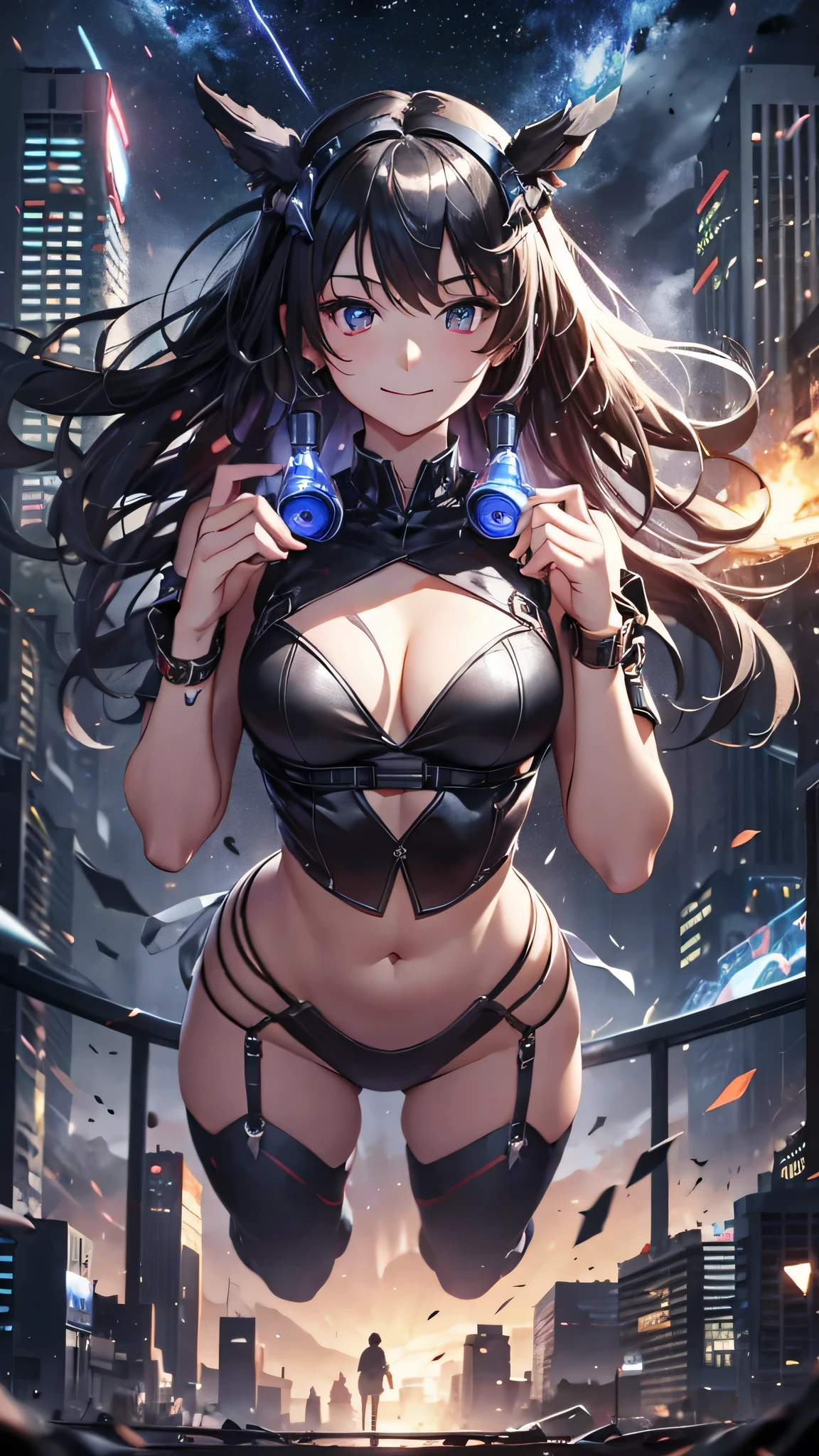 Highest quality、Highest quality、Masterpiece、girl((half、18-year-old、as soon as、Highest Bust、Medium Bust、Wide open chest、Red glowing eyes、Black Ear、Red Mesh、Disheveled Hair、Loincloth、thin、The best valley、Open chest、hair ornaments、Full body view、pants、Sports Bra、Random Pause、smile、headphone))、high quality、Beautiful Art、background((Collapsing Ground、no gravity、Floating Object、City of night、shooting star))、flight、Flying Debris、Depth of text、movie、Visual Arts、Perfect Art、8K、Genuine、Special Angles