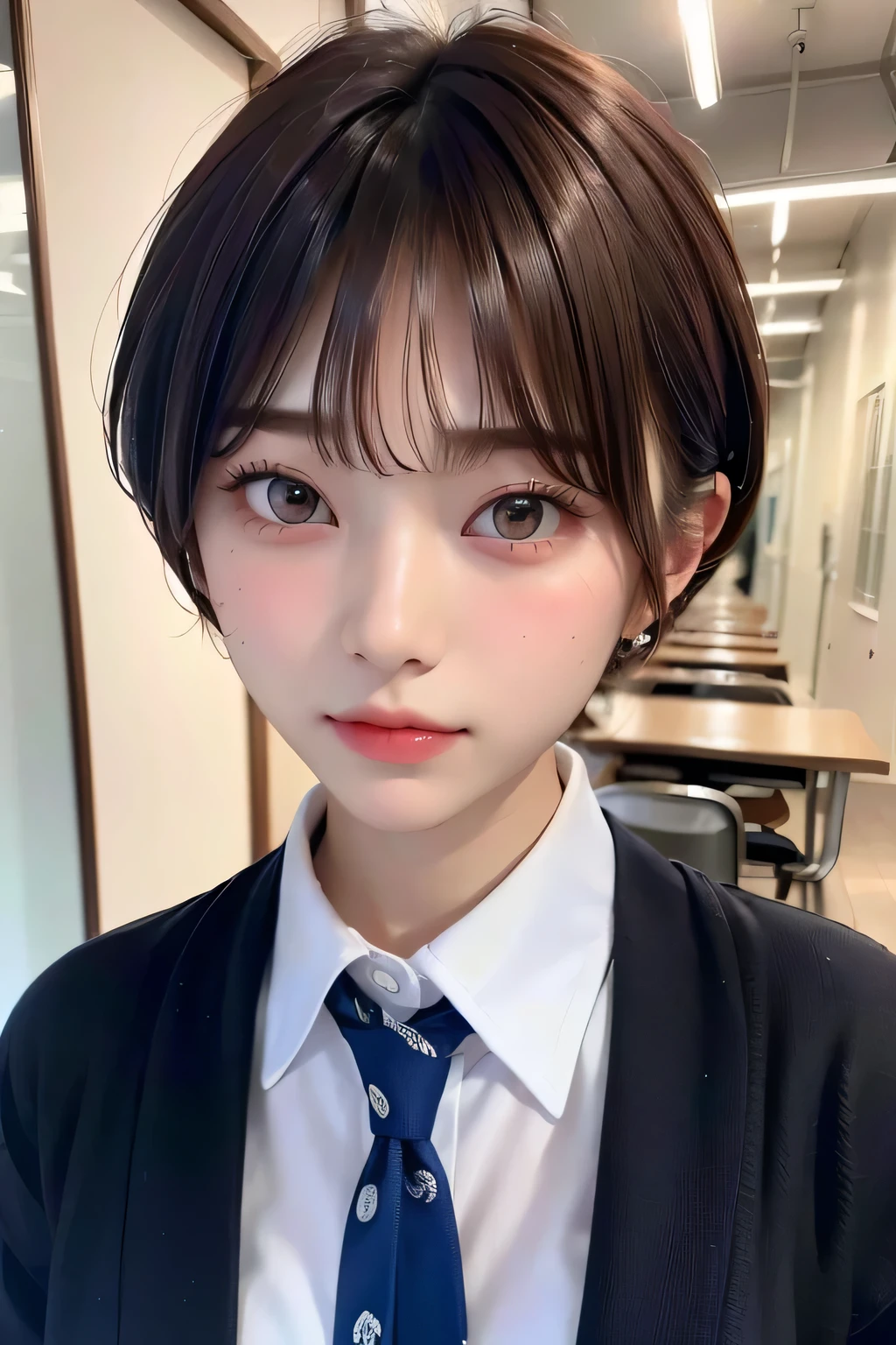 (highest quality:1.3)、(Masterpiece:1.4)、Raw photo、8K、((Best image quality))、 ((High resolution))、Beautiful face in every detail、(Cute natural anime face)、Beautiful face, Cute realistic portrait,、(One Woman:1.3)、Realistic、Photorealistic、short hair、(Beautiful woman)、((Cool Japan girl))、(boyish:1.3)、mannish、((Beautiful woman))、(Beautiful Hair)、((Dark brown hair))、(Blushing:1.5)、(Fashion Model:1.3)、(Every woman admires her face:1.3)、((Her eyes are big))、20 year old beauty、(Small face)、Small Head、((Long neck))、(High school girls)、uniform、(Japanese high school uniform)、(High school girlsのuniform)、White button-up shirt、tie、(The aspirations of young people)、((The center of attention in school))、everyone will love her、