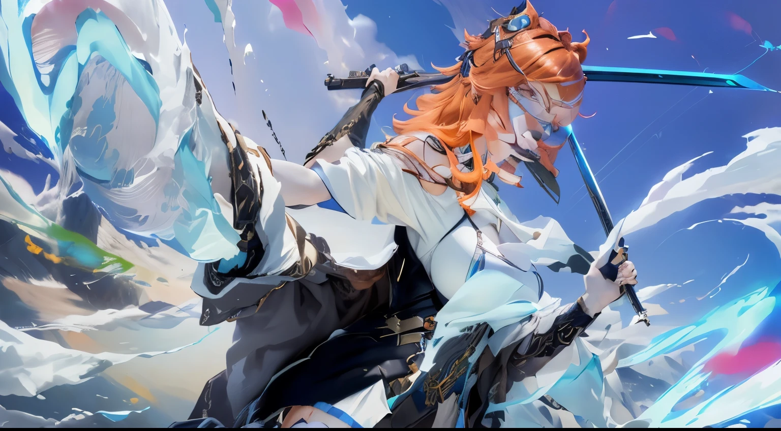anime girl with orange hair holding a sword and a sword, best anime 4k konachan wallpaper, macross delta splash art, cushart krenz key art feminine, detailed key anime art, key anime art, ayaka genshin impact, advanced digital anime art ”, zerochan art, badass anime 8 k, cushart kenz, from arknights