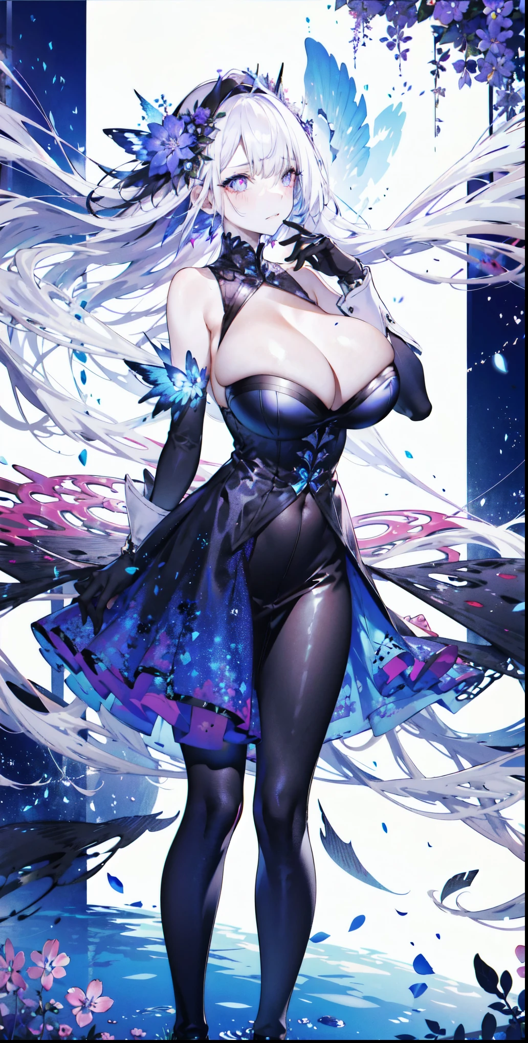 ((masterpiece:1.4,best quality)),(Super detailed),(Extremely detailed eyes),(black leggings,Shiny socks:1.5),Hello Darkness
(Cute girls),,(Blood-red pupils,Diamond-shaped pupil:1.15),Purple Eyeshadow,(elongated hair,Thick hair,Single ponytail,shiny hair:1.5)(Changes through:1.2),White skin,despair,sad,Empty eyes,tears streaming down my face,tilting its head to the side,kneel
(She wears blue armor,A blue dress,:1.5),(Black gloves:1.4)Very long plush sleeves,White,White Cloud,Dream bubbles ,Ice and glitter effects
(Black long skirt:1.1),
(dawn:1.2),
(Intense black and white:1.16),(Depth of Field:1.4),,Intricate details,(Castle in the Sky,Standing by the lake,Purple flowers by the lake),(((Huge breasts,Bare breasts,Deep cleavage)))