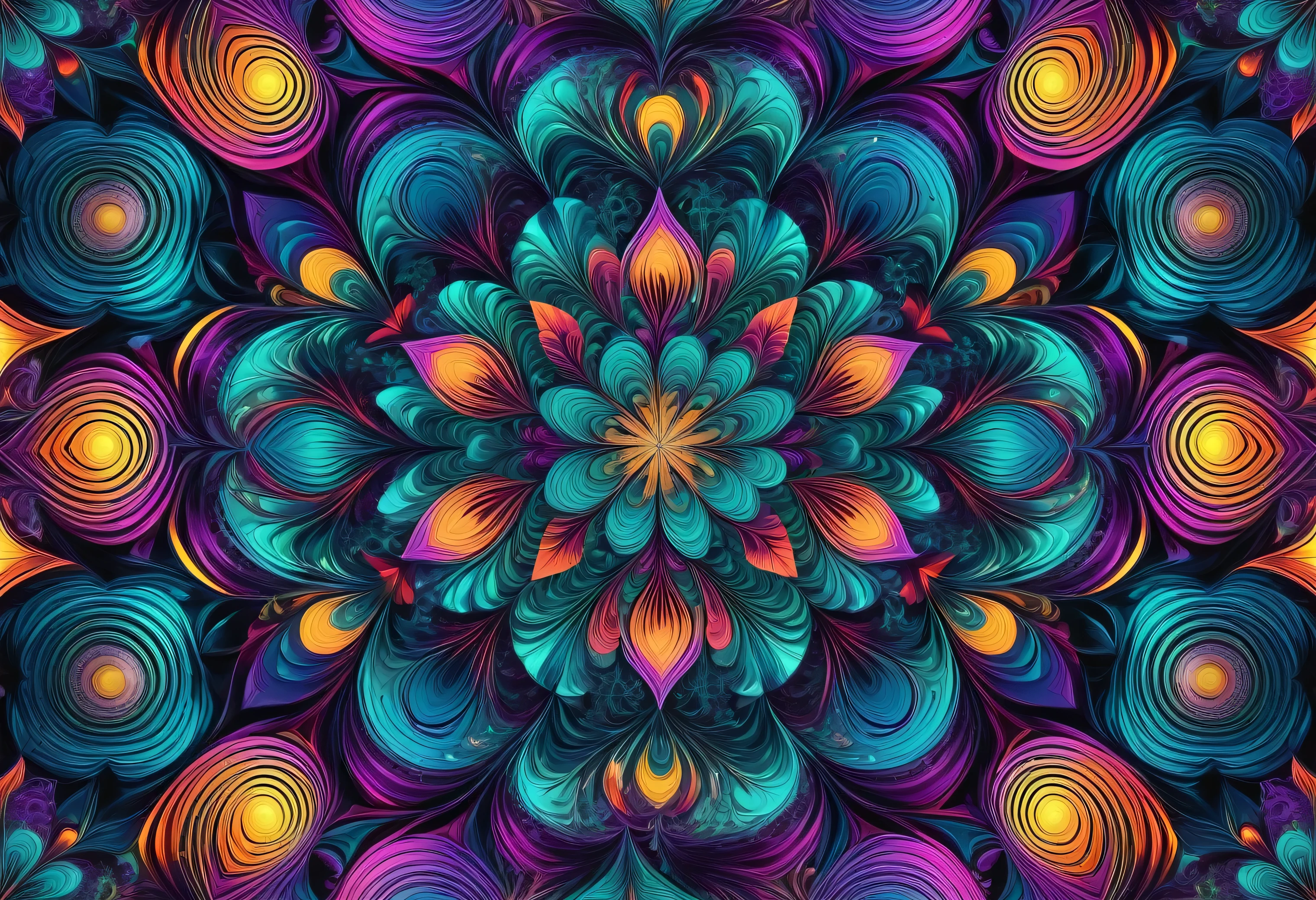 detailed seamless geometric abstract pattern, ultra-detailed, 8k, highres, best quality, intricate, fractal-like, symmetrical, hypnotic, tessellating, kaleidoscopic, psychedelic, vibrant colors, neon, glowing, dynamic, futuristic, hypnotizing, abstract art