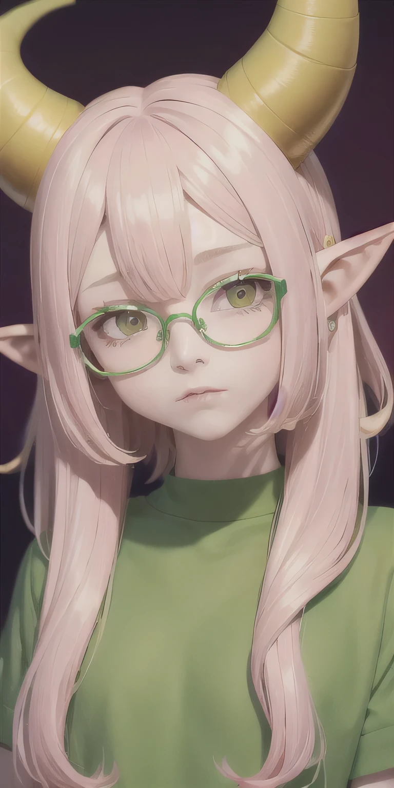 best quality, masterpiece,pink hair, big yellow horns curled around and pointed tail, green eyes, pink clothes, pink dress, elf ears, looking up, wear glasses, upper body,hair strand,Fair skin,short hair