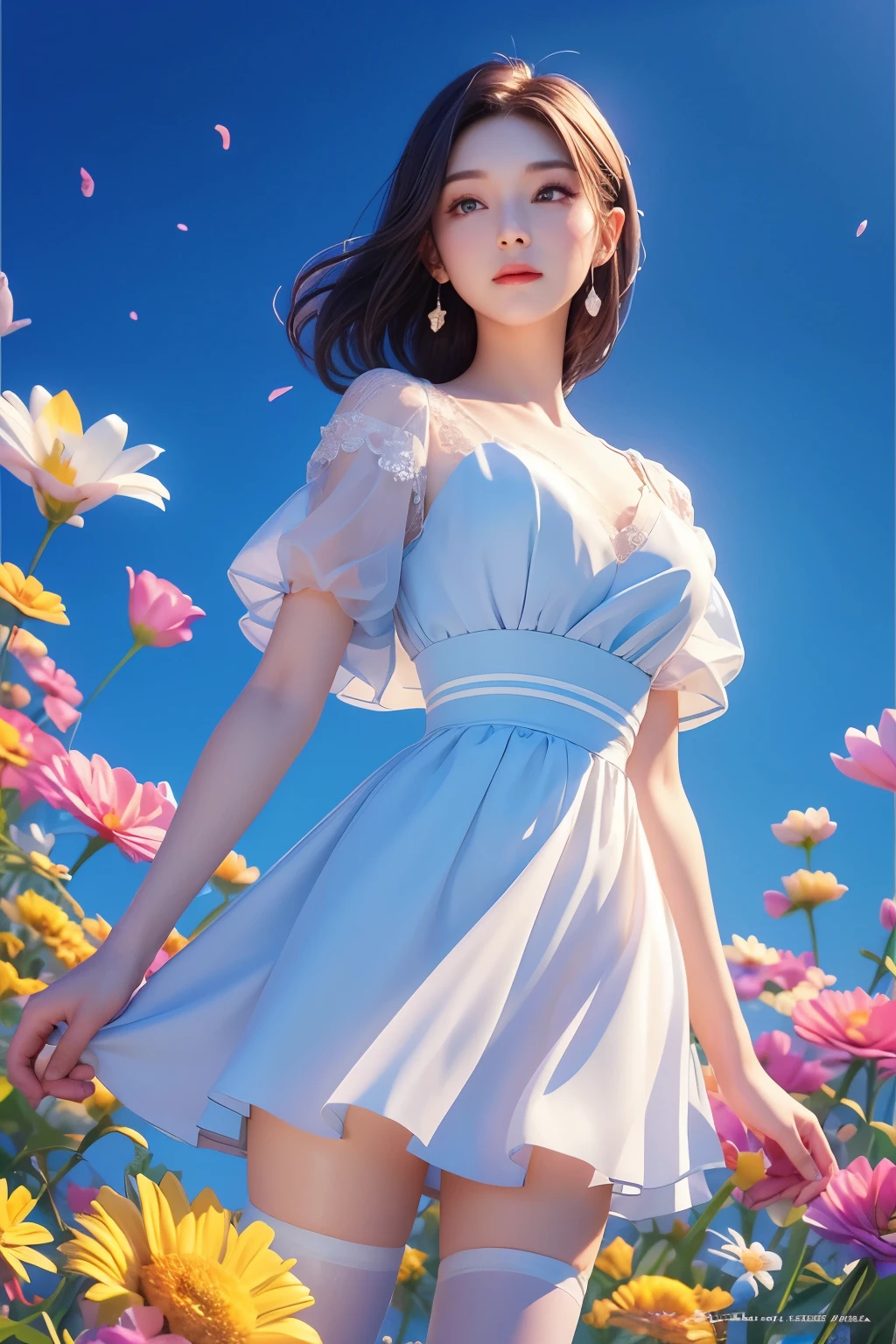 movie 사진 솔로,1 woman,,BJ_Alice,lace-trimmed_skirt,two tone_legwear, Neat short sleeve dress, flat chest,(colored hair:0.1),The beauty stands on the flowers,The facial details are perfect.,Wow, the character details are so nice.,trendy portrait,bright colors,clean background,Panorama,large aperture,pop mart production,delicate luster,8K gradient translucent glass melt,frosted glass,masterpiece, best quality,, hyperreal,realistic,16,000,high detail,high resolution . 35mm photo, movie, bokeh, professional, 4K, very detailed