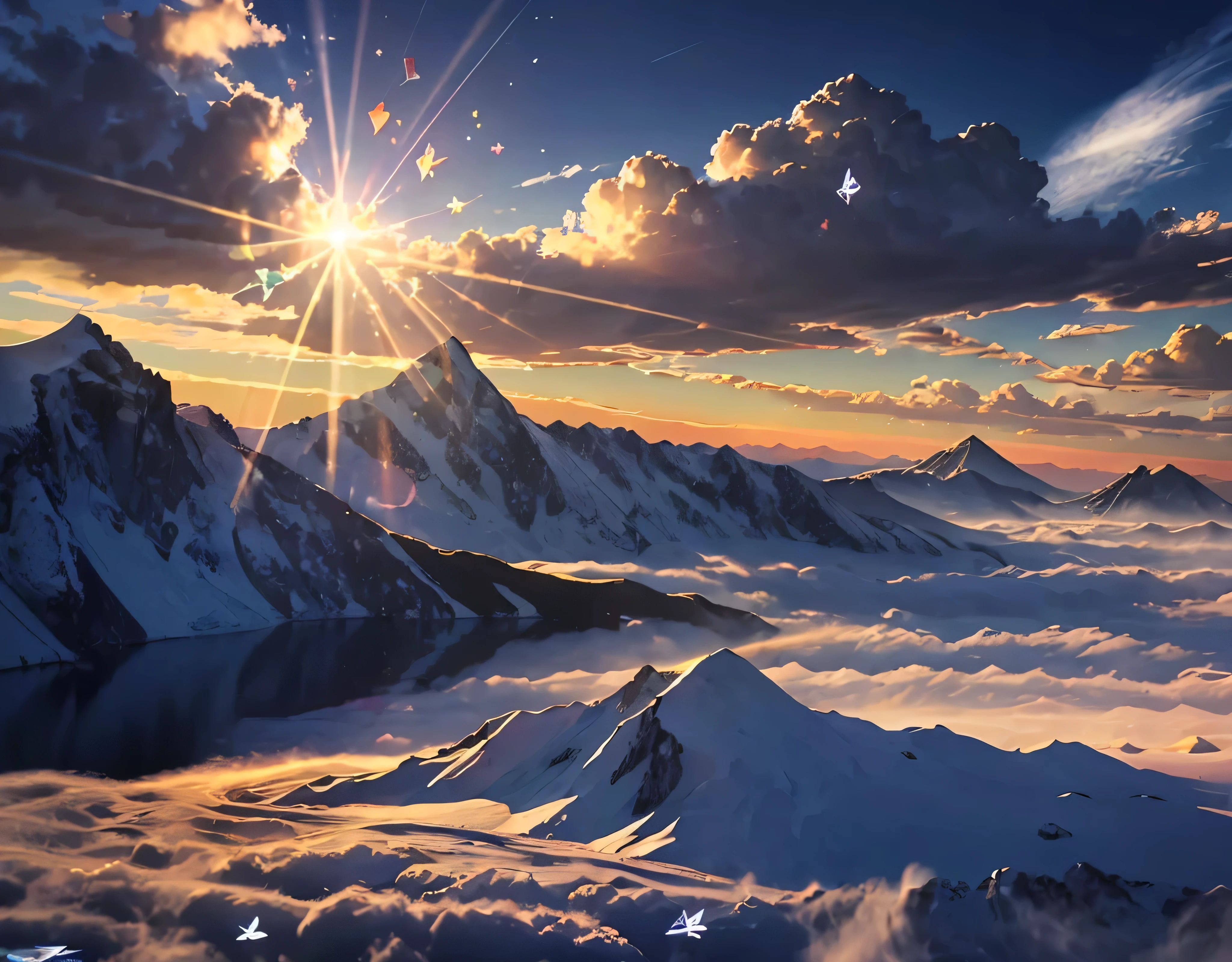 ((Diamond dust flutters:1.4)).Diamond dust sparkles、Rugged Mountain々、Mountain々The light reflected on the lake surface between、Seven photos with beautiful contrasts of light、Magnificent sea of clouds、wood々、The mountain was covered with snow々、sunny、Lots of lens flares、The morning sun shines brightly、The morning sun shines brightly、(Ultra-realistic:1.2), High resolution, (Bright colors, High resolution:1.1), (Sharp focus:1.1), (Physically Based Rendering:1.1), Tyndall effect, Colorful lights, (((Light shines through the gaps in the clouds))), Beautiful perspective, Contrasting Shadows, Moving configuration, Realistic landscape, unique configuration, Soft texture, Intricate details, Mysterious atmosphere, An artistic exploration of light and shadow,Golden dazzling light、A world view that captivates all who see it、The world of nature、Altitude 4000m