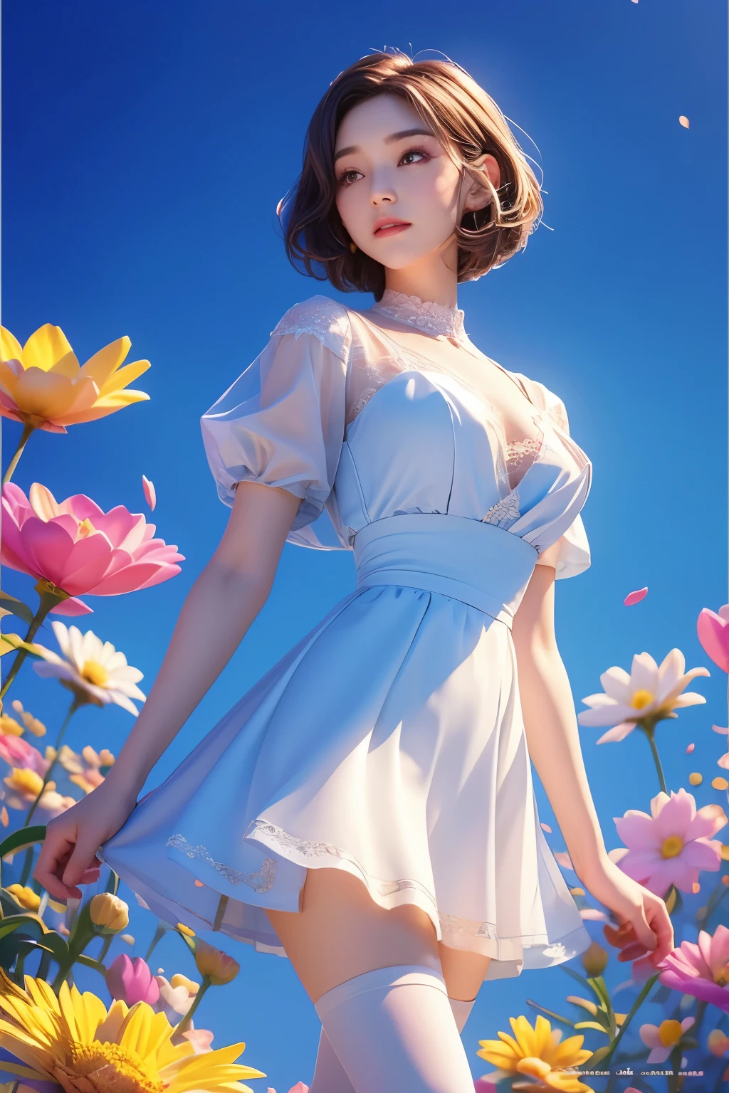 movie 사진 솔로,1 woman,,BJ_Alice,lace-trimmed_skirt,two tone_legwear, Neat short sleeve dress, flat chest,(colored hair:0.1),The beauty stands on the flowers,The facial details are perfect.,Wow, the character details are so nice.,trendy portrait,bright colors,clean background,Panorama,large aperture,pop mart production,delicate luster,8K gradient translucent glass melt,frosted glass,masterpiece, best quality,, hyperreal,realistic,16,000,high detail,high resolution . 35mm photo, movie, bokeh, professional, 4K, very detailed