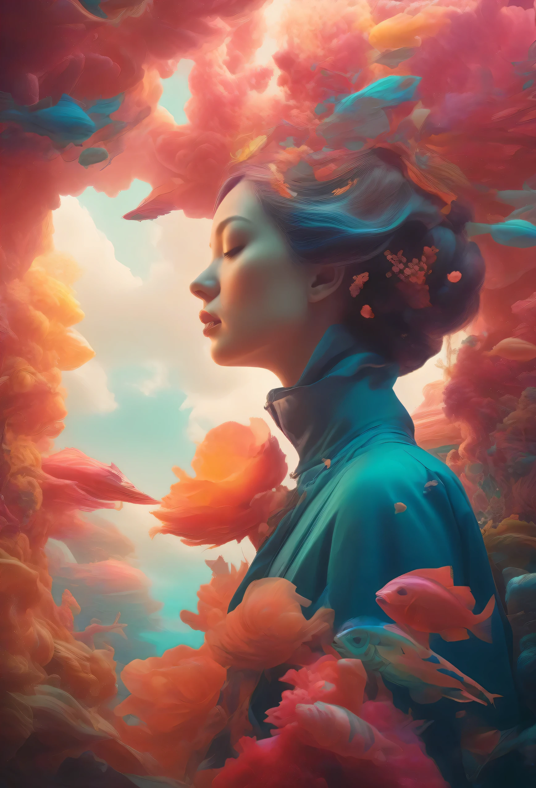 Surreal pictures, visually striking photo art, strange, slightly unsettling, hyper-detailed, 8k, a digital painting of a woman with her eyes closed, beeple and james jean, beautiful digital artwork, stunning digital illustration, by Alberto Seveso, anna dittman, glossy digital painting, gorgeous digital art, exquisite digital illustration, inspired by Alberto Seveso, beautiful surreal portrait, realism | beeple, inspiring digital art, breathtaking digital art