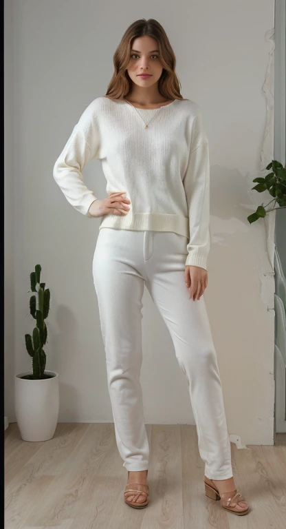 a woman wearing plain white sweater set